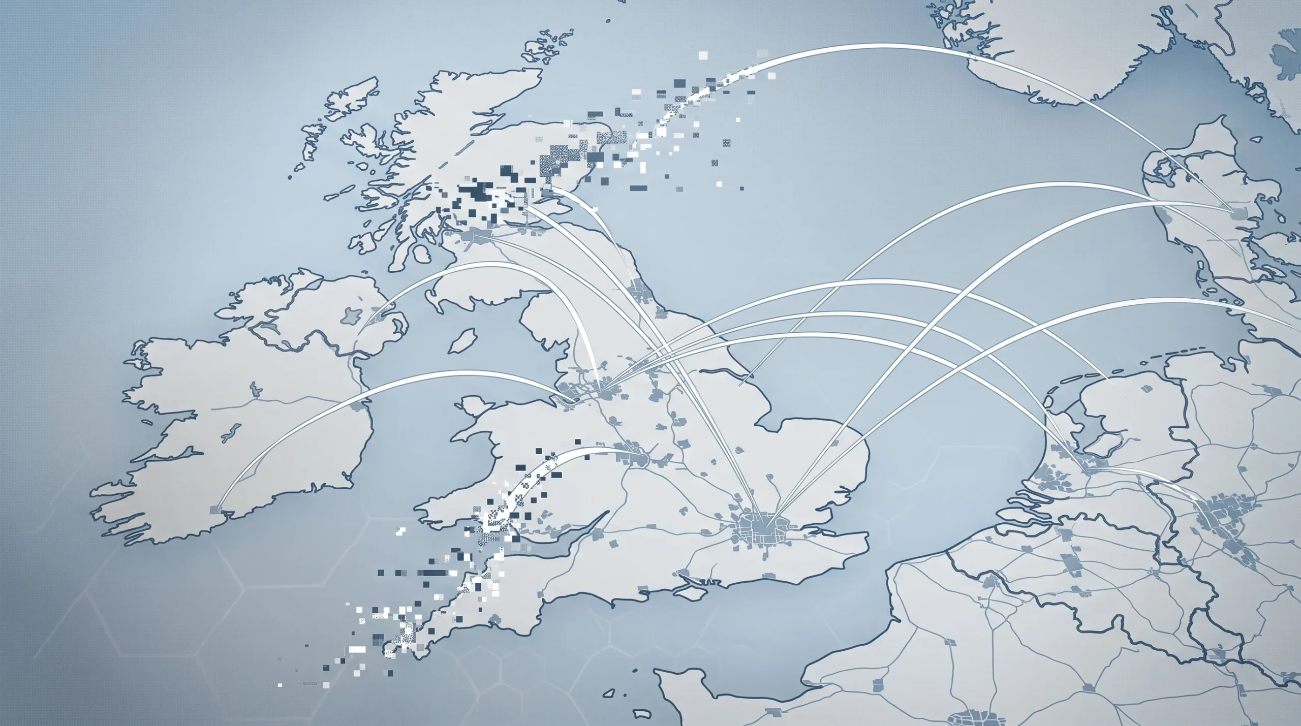 Conceptual illustration of flight path data disruption over a map of the United Kingdom.