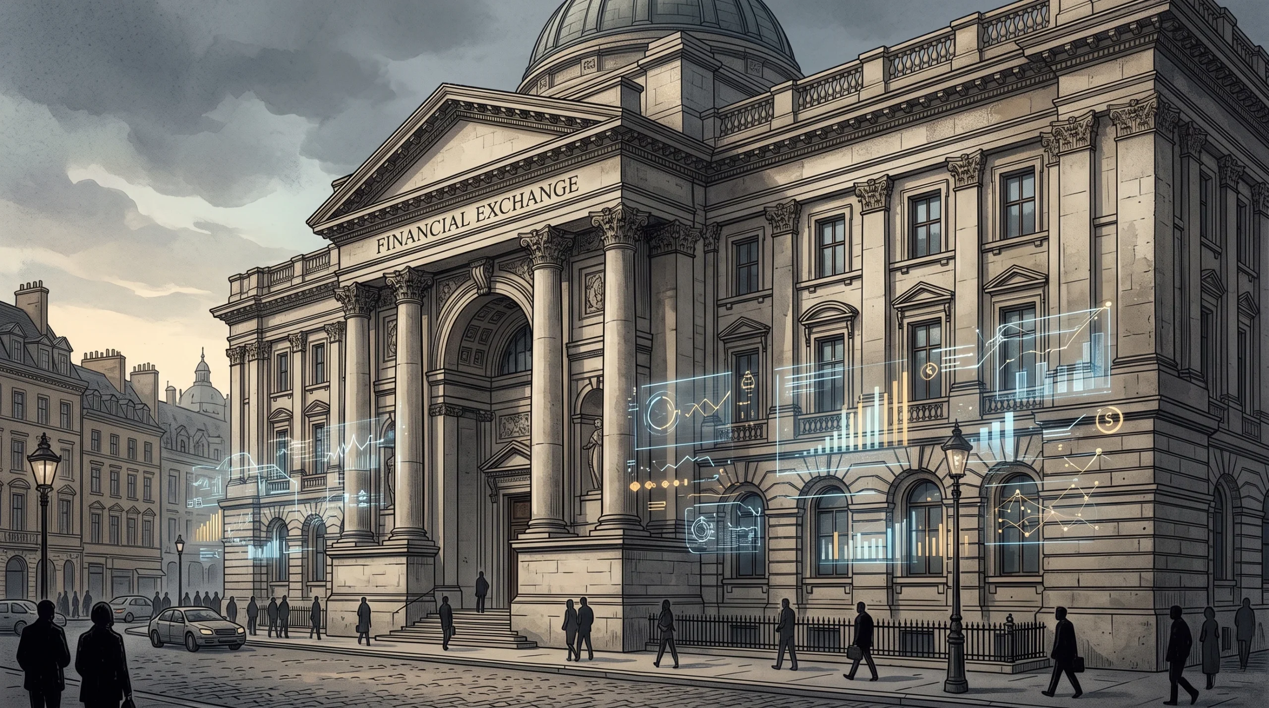 Conceptual illustration of a financial institution with data overlays.