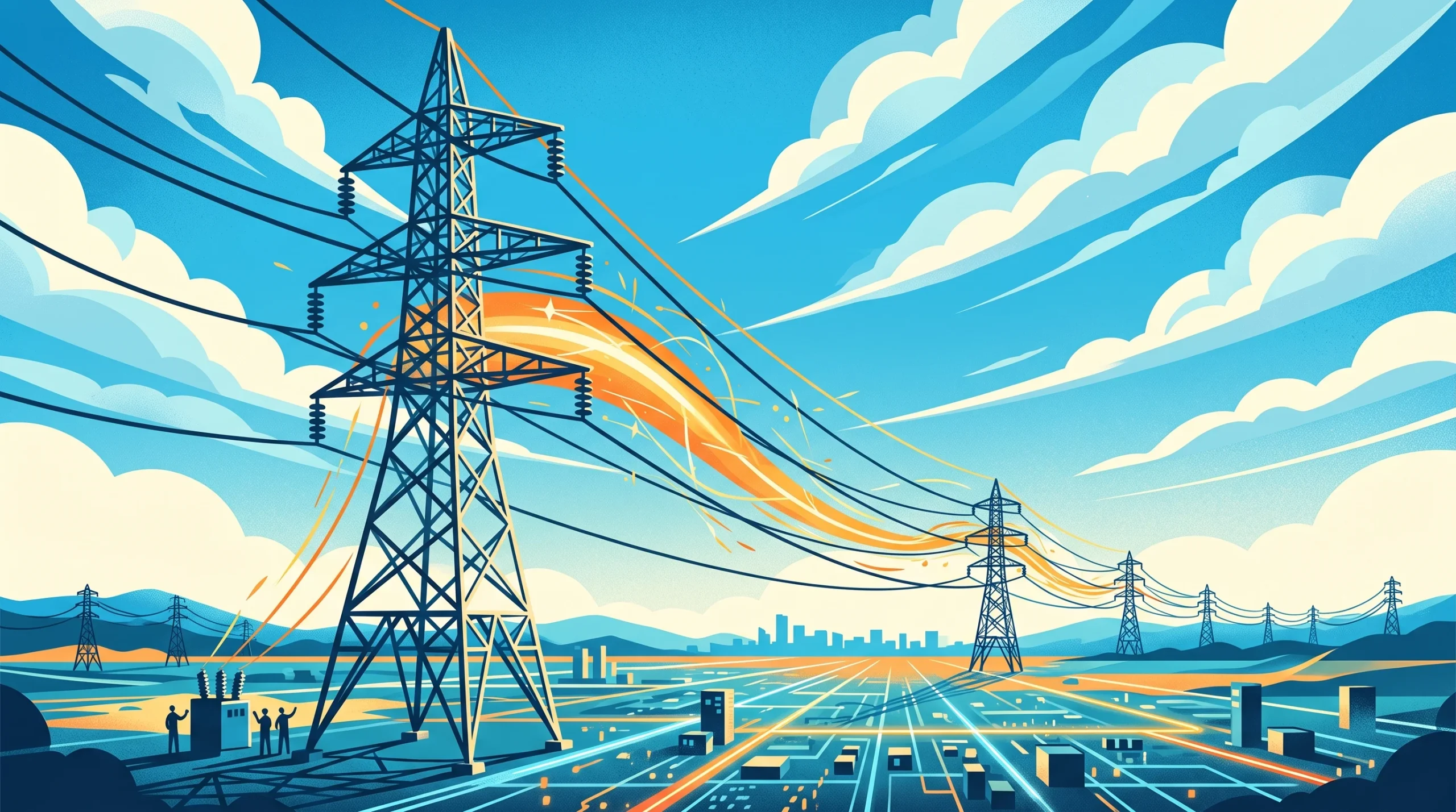 A conceptual illustration of electricity pylons and power lines.