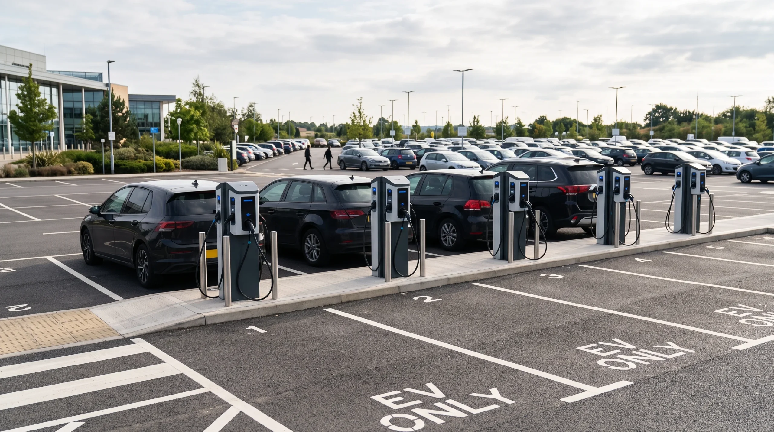 Generic electric vehicle charging points in a public car park.