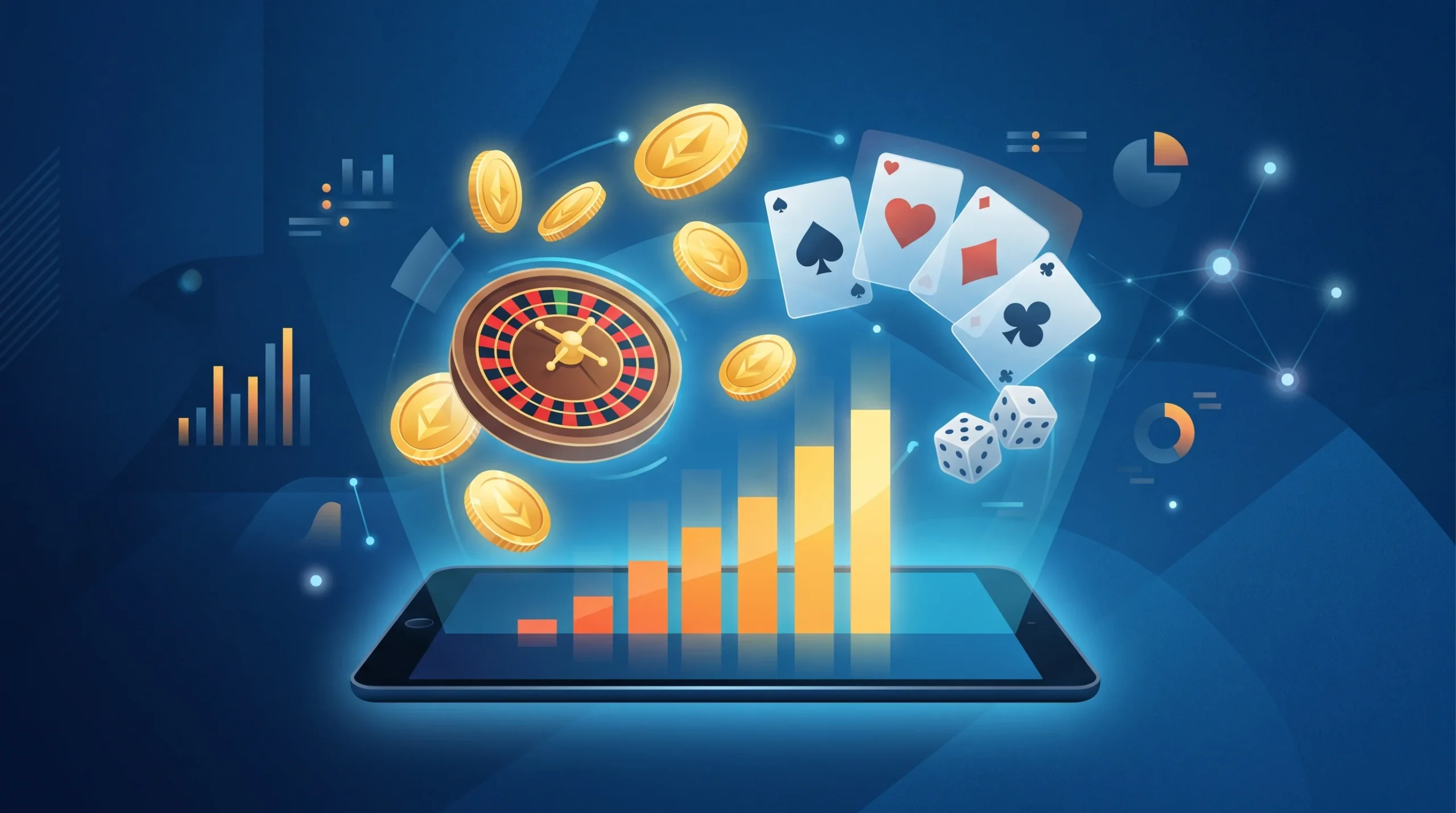 Conceptual illustration of digital gambling icons and rising financial charts on a tablet.