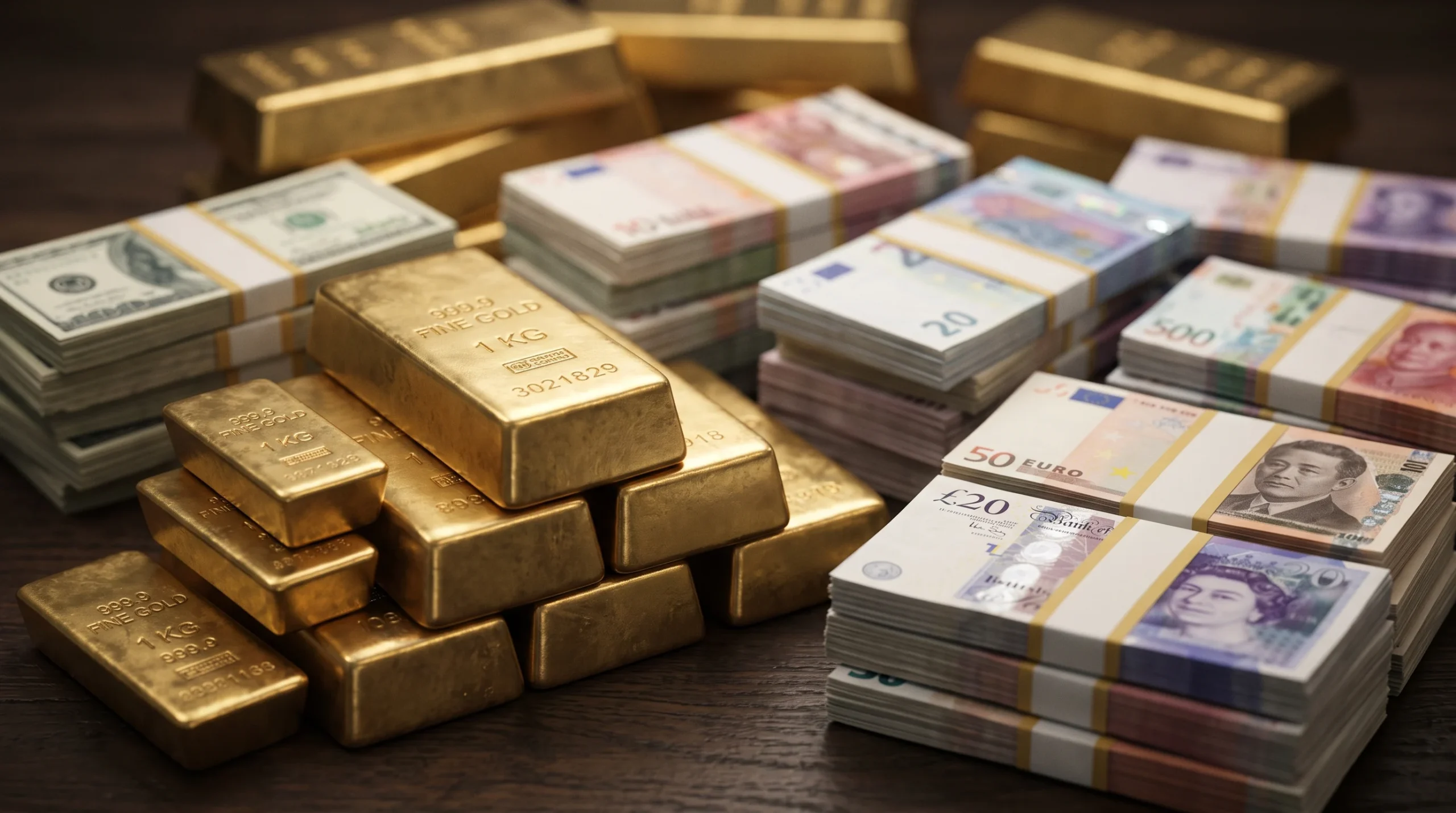 A conceptual image of international currency and gold representing national reserves.