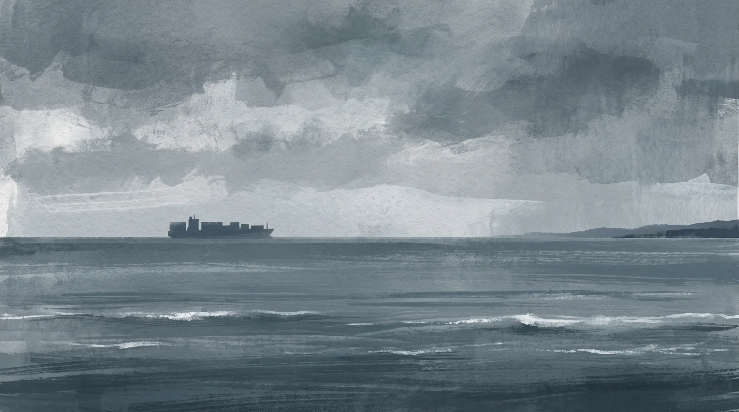 A conceptual silhouette of a ship on the horizon at sea.
