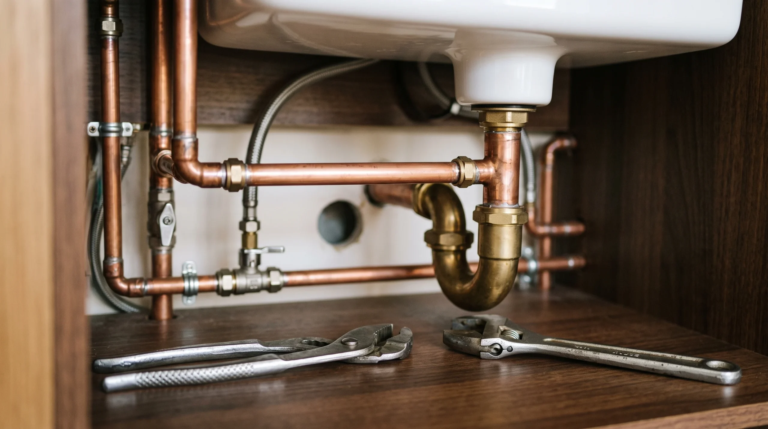 A close-up of domestic copper piping and plumbing tools under a sink.