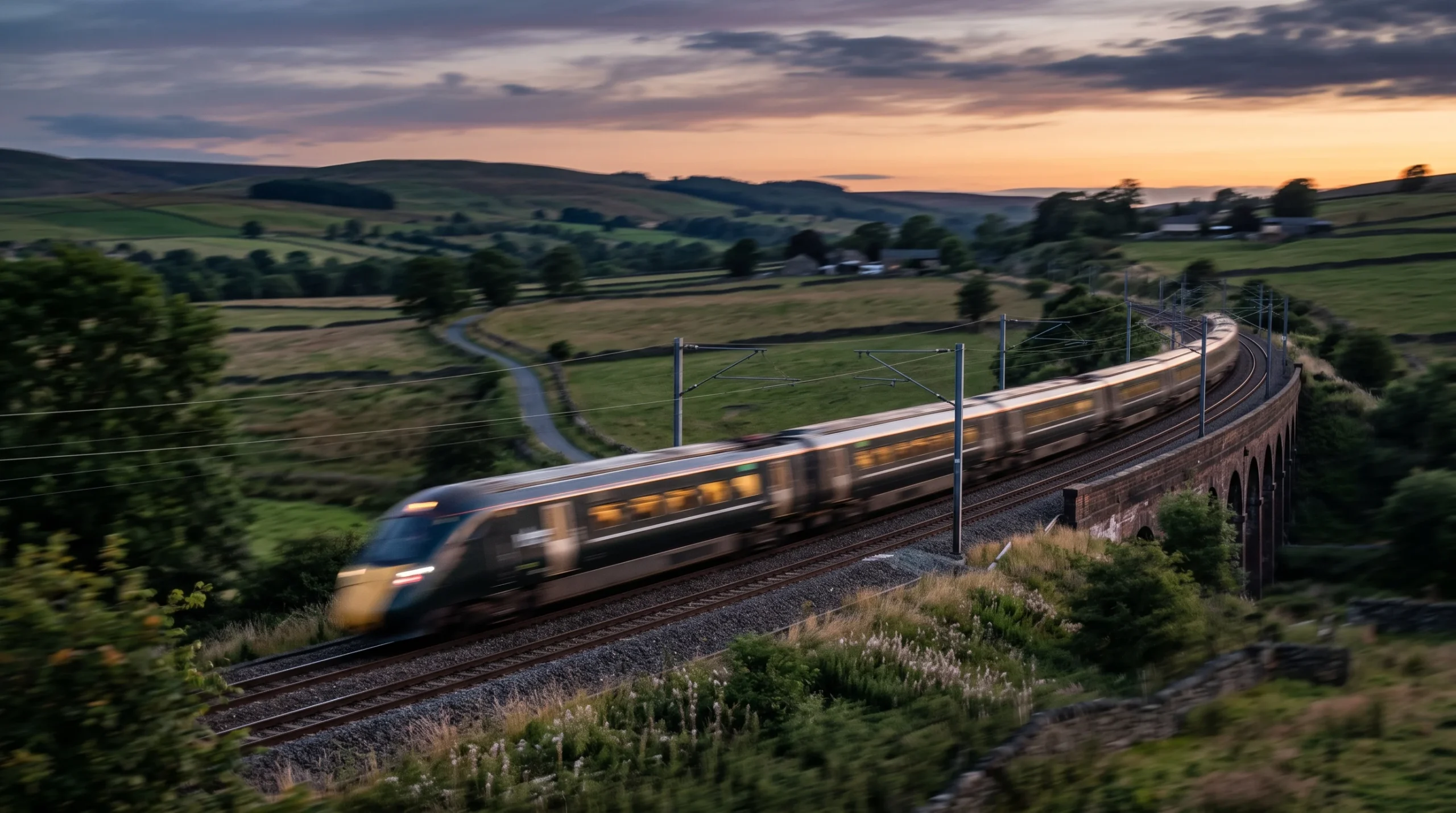 A high-speed train travelling through the countryside at dusk.