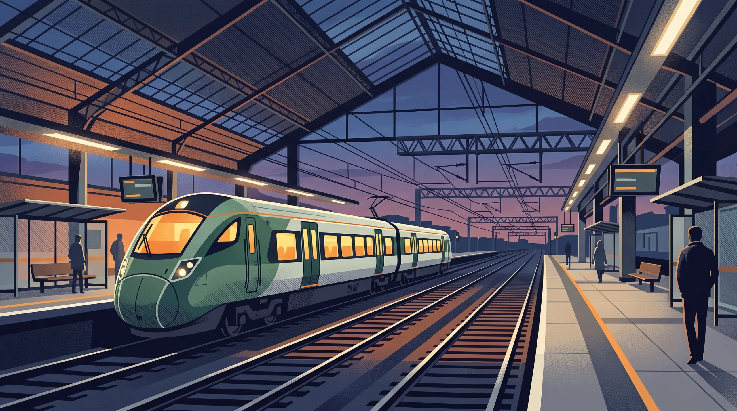 A passenger train at a station platform.