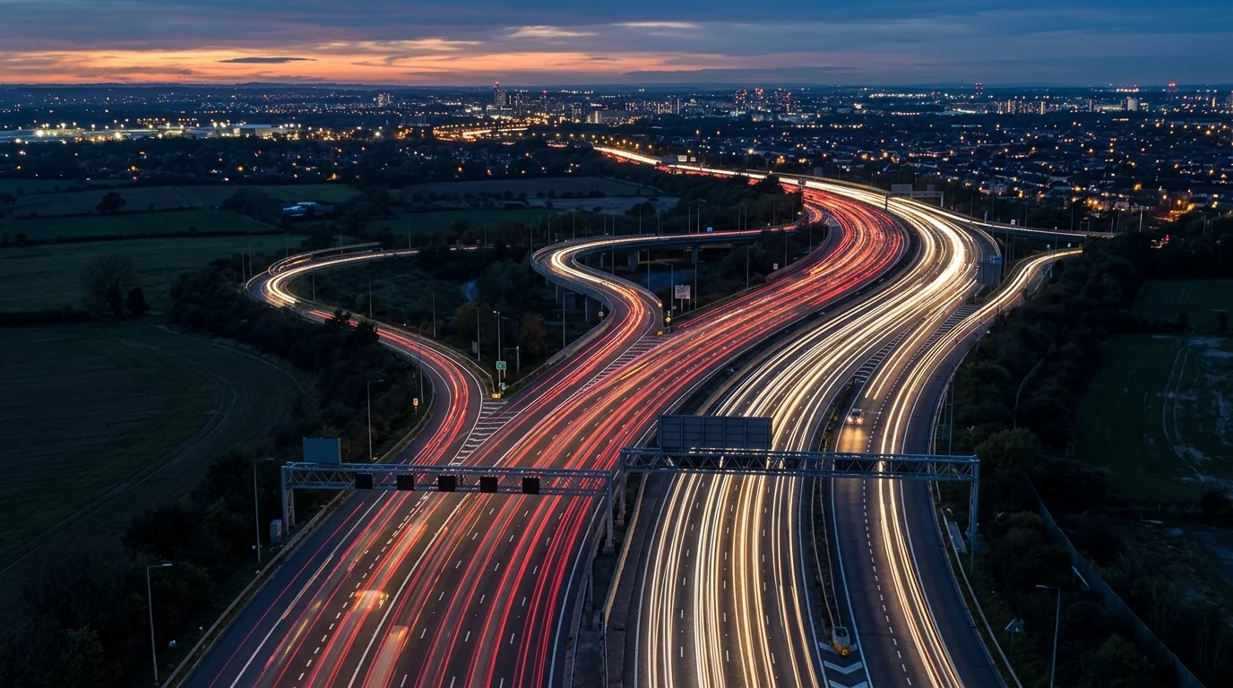 A long exposure conceptual shot of traffic on a major UK road.