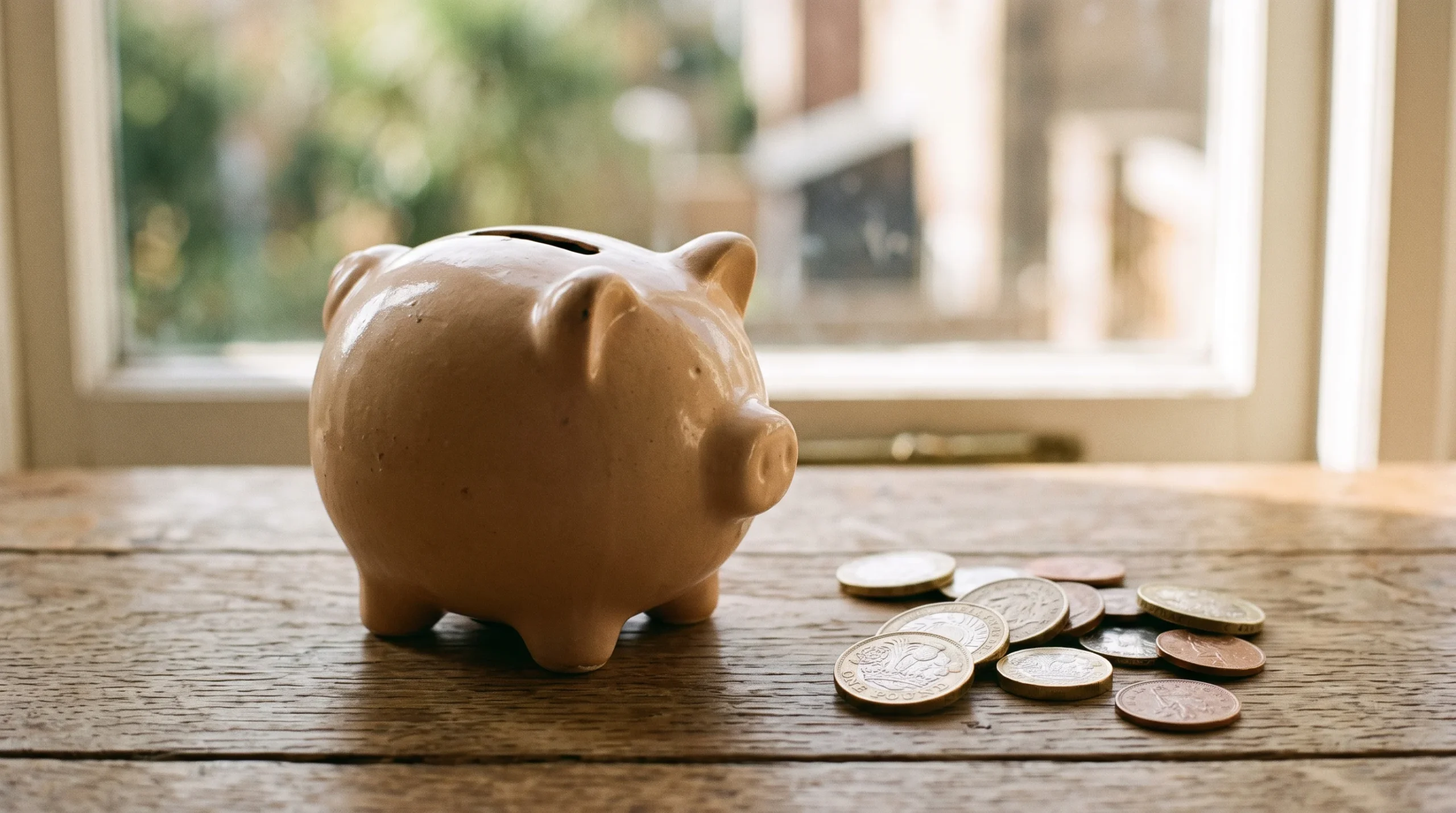 A ceramic piggy bank and UK coins on a table.