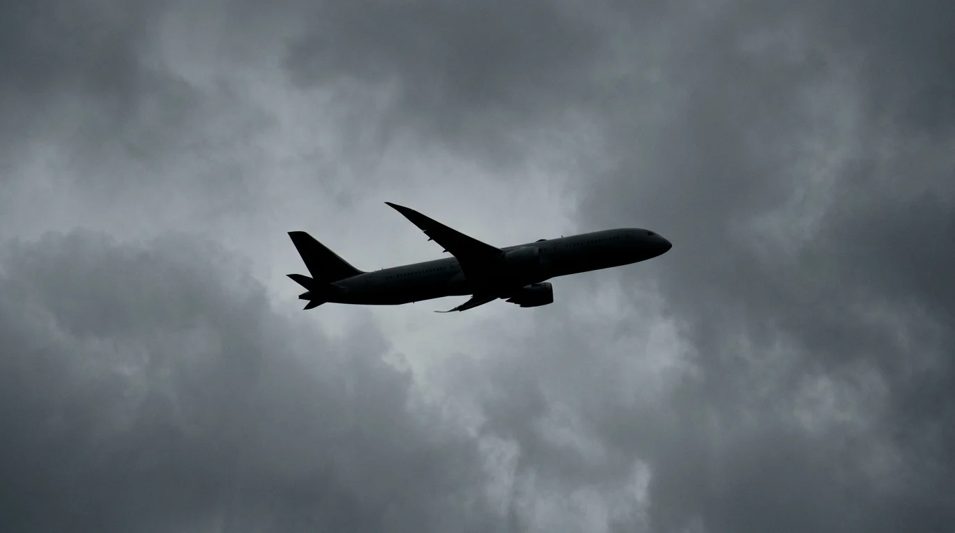 A silhouette of a passenger plane against a grey sky.