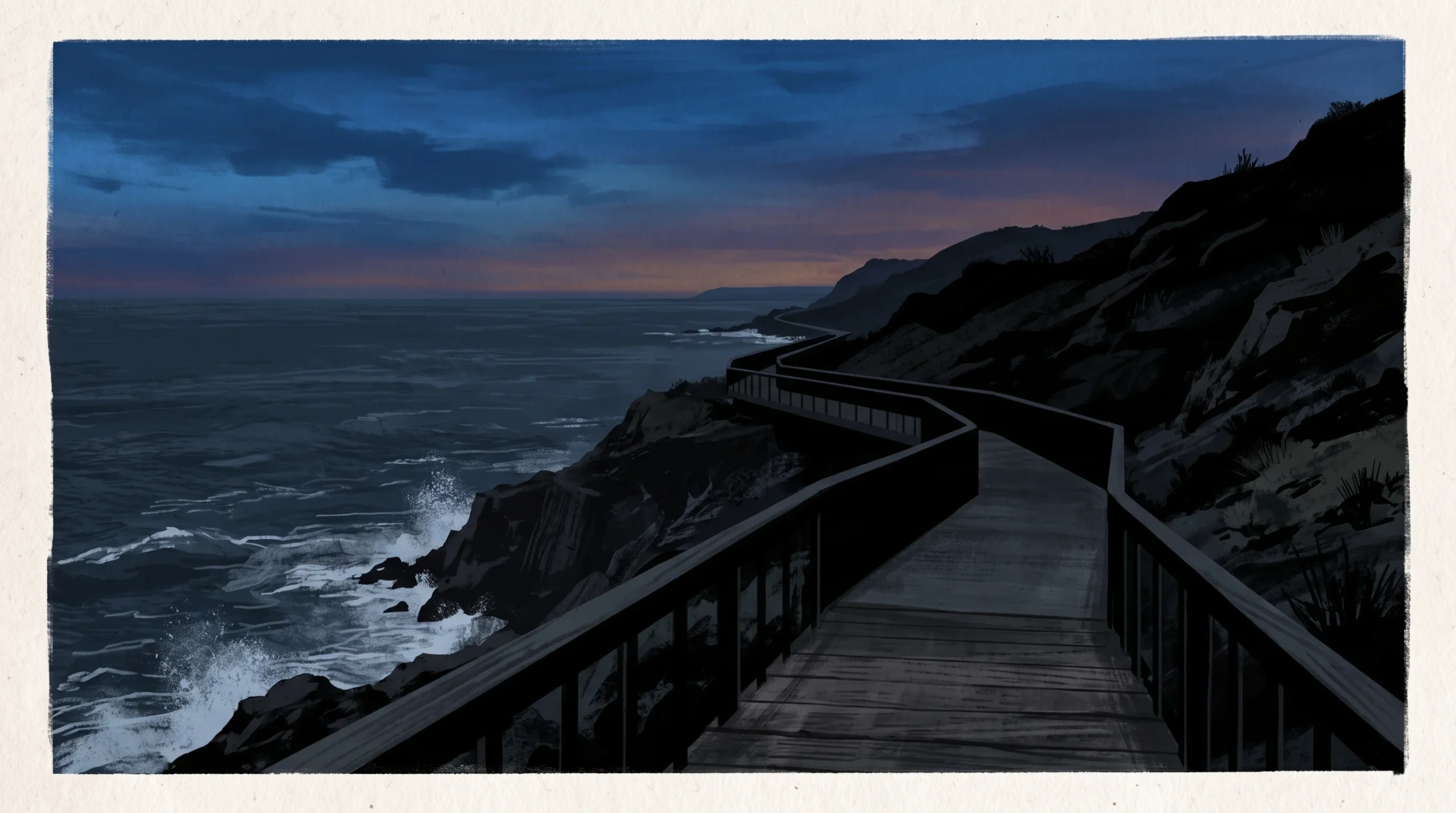 A conceptual view of an unlit coastal path at twilight.