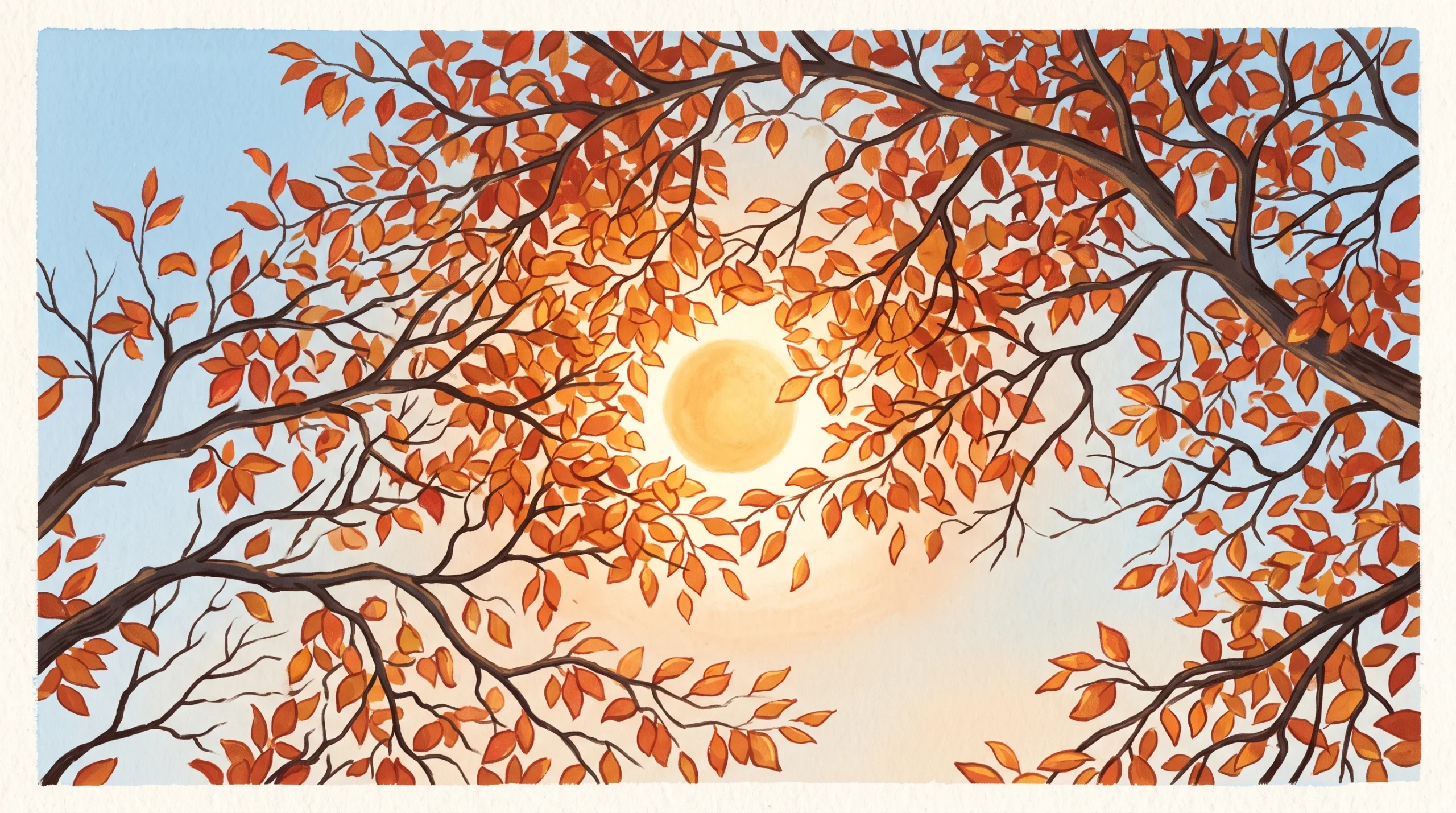 Sunlight shining through autumn tree branches against a clear blue sky.