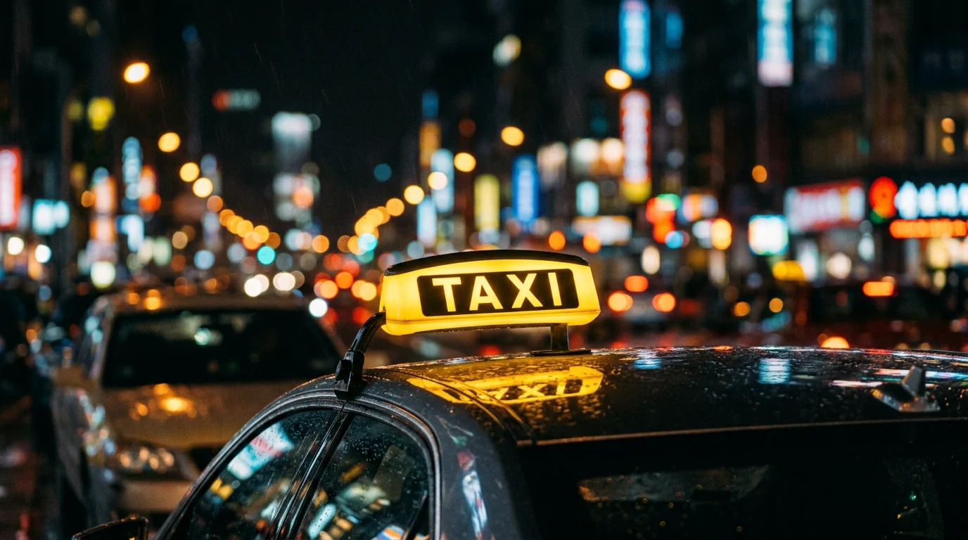 A generic taxi light illuminated on a city street at night.