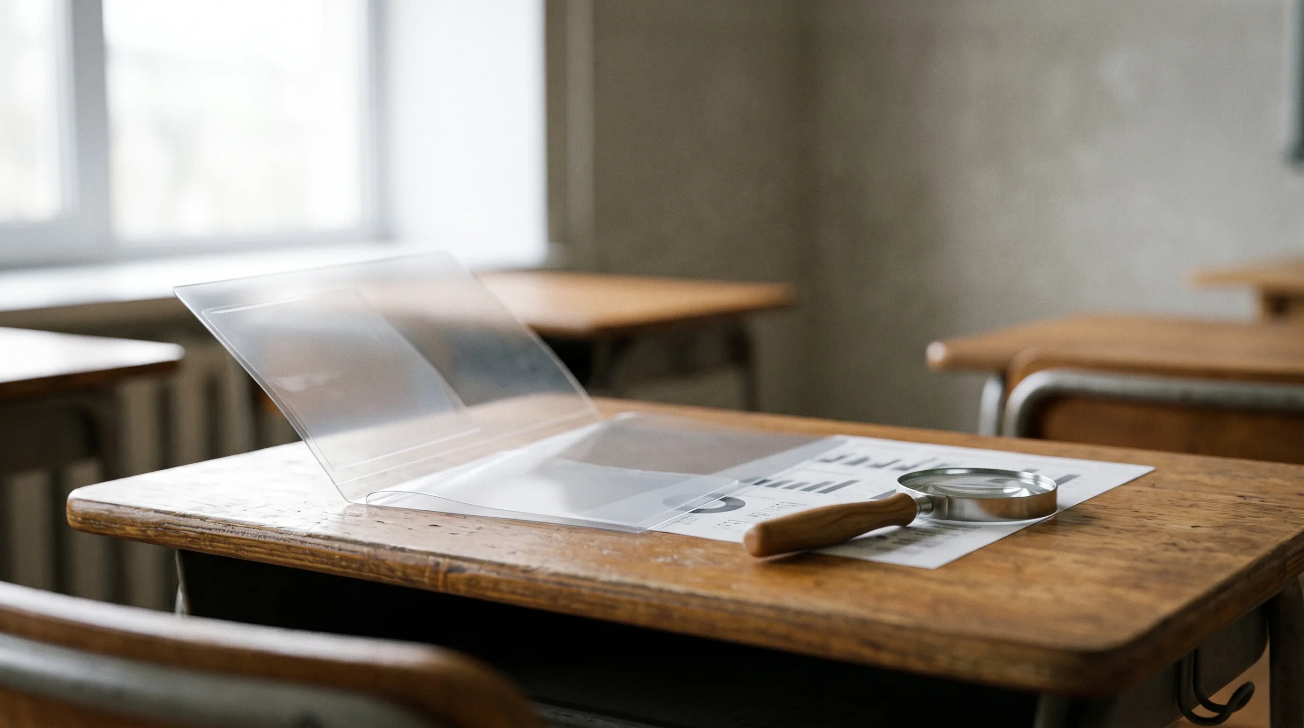A school desk with an empty folder and a magnifying glass