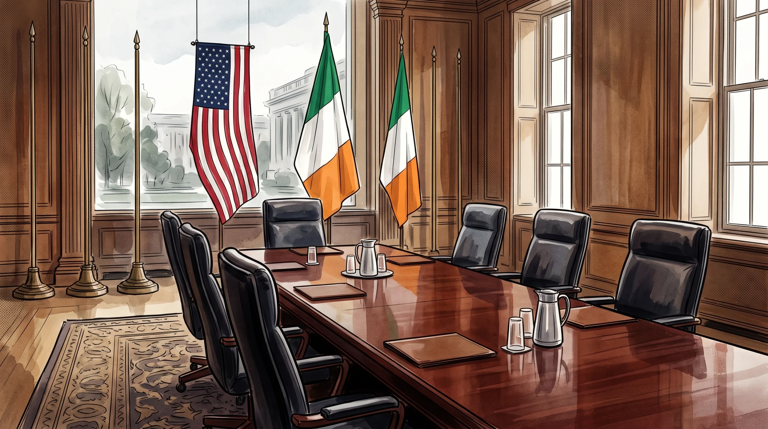 Conceptual illustration of a diplomatic setting with US and Irish flags.