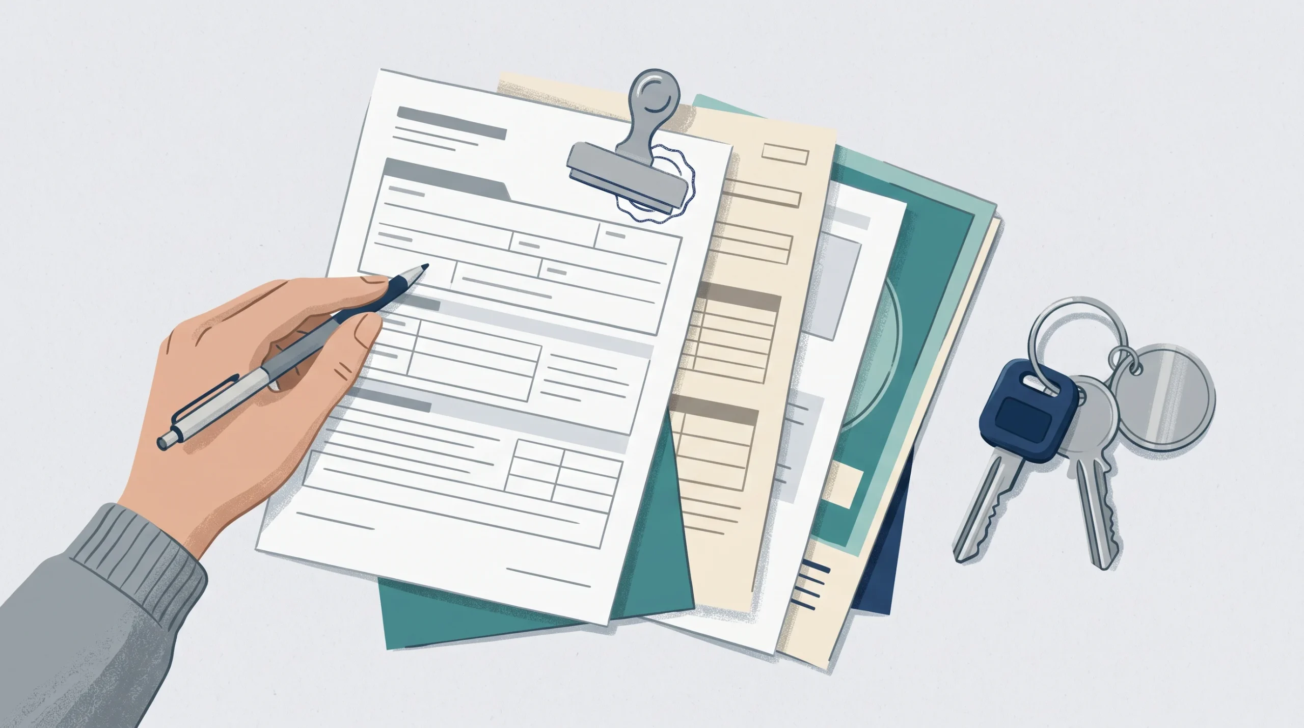 Conceptual image of car keys and official-looking documents