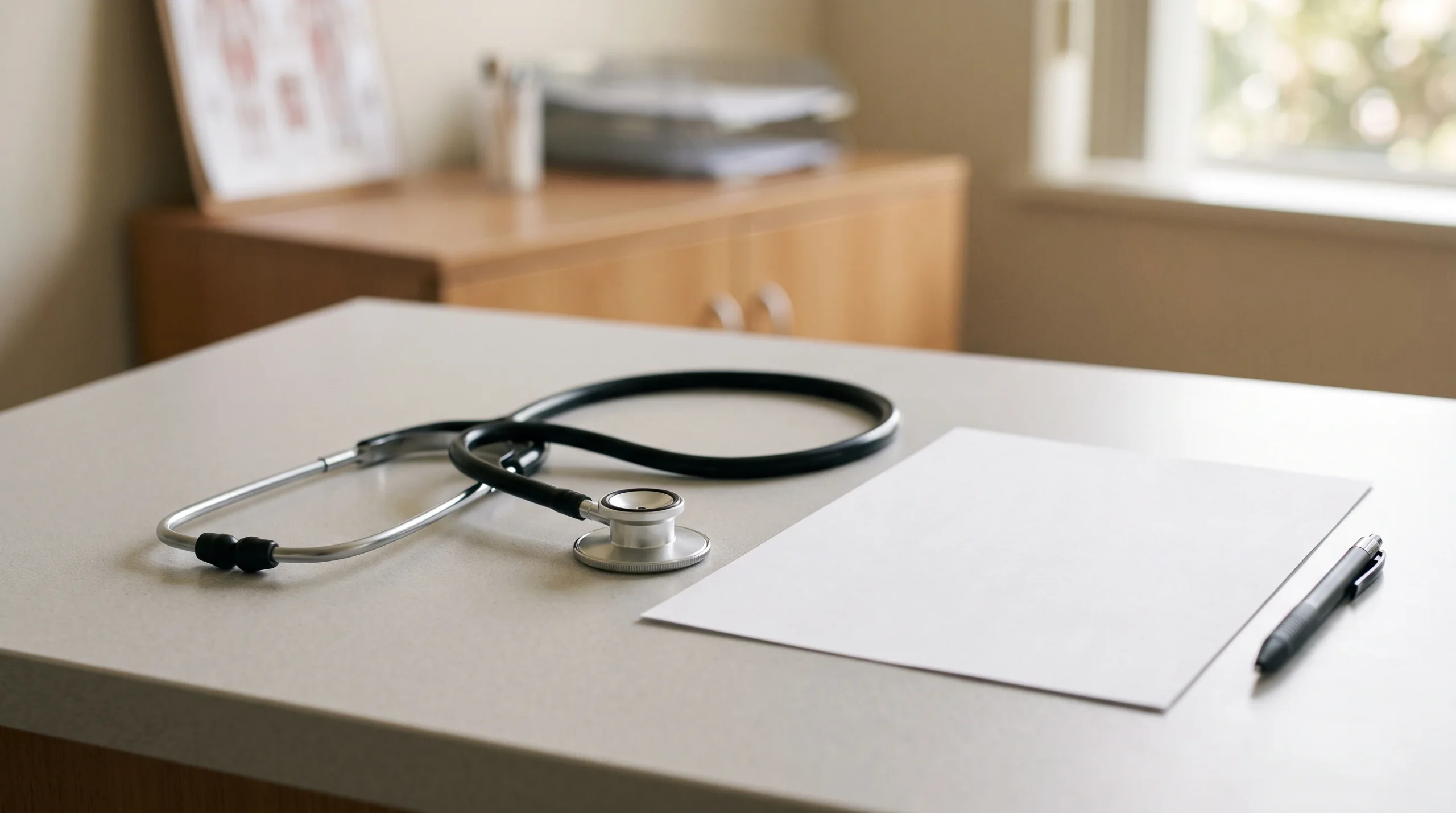 A stethoscope and a document on a table, symbolising medical regulation.
