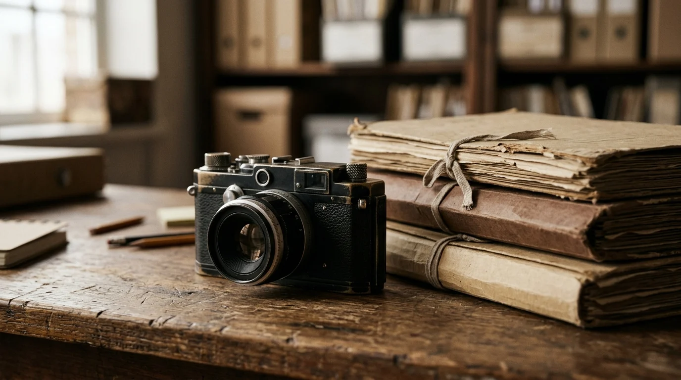 A vintage film camera and archive folders on a desk.