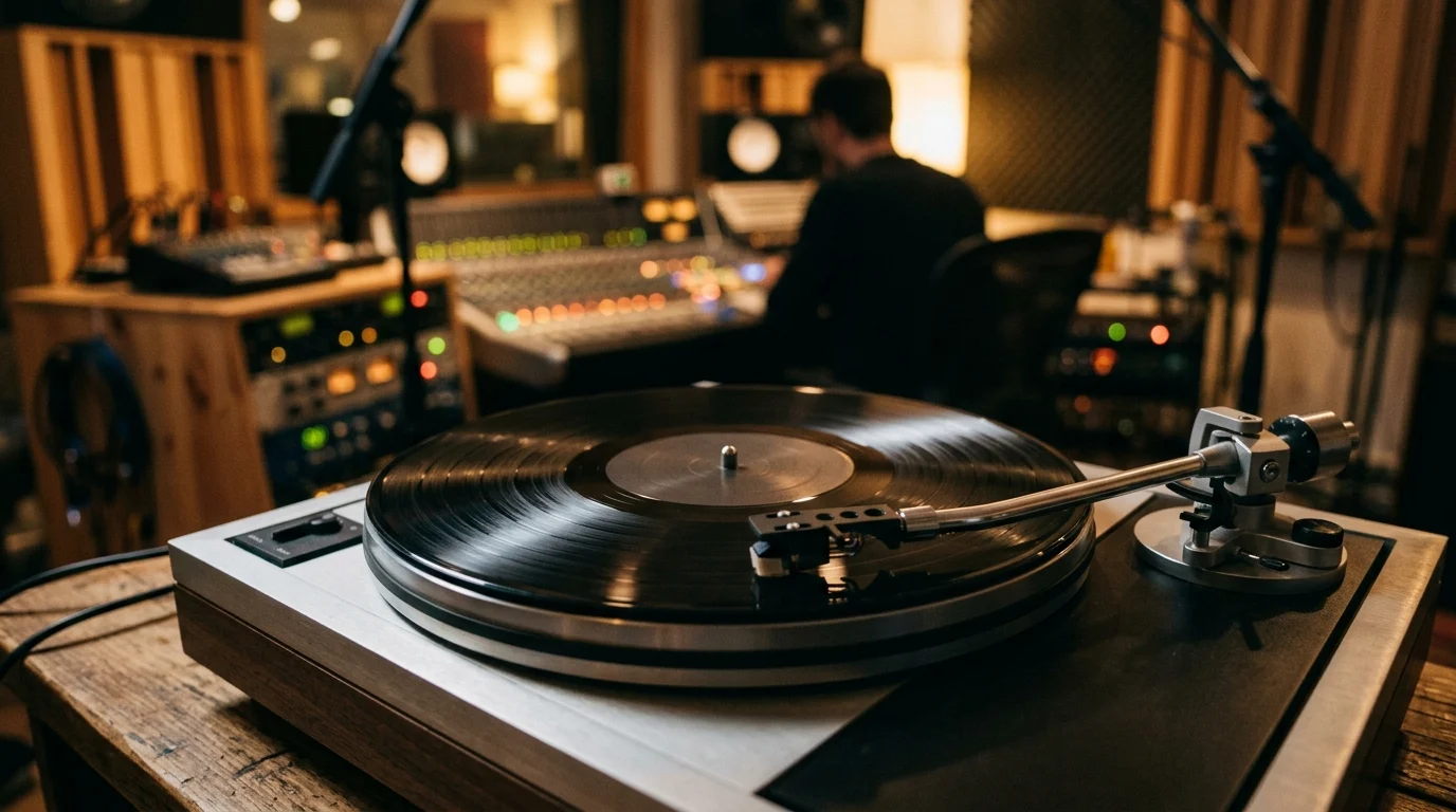 A vinyl record spinning on a turntable.