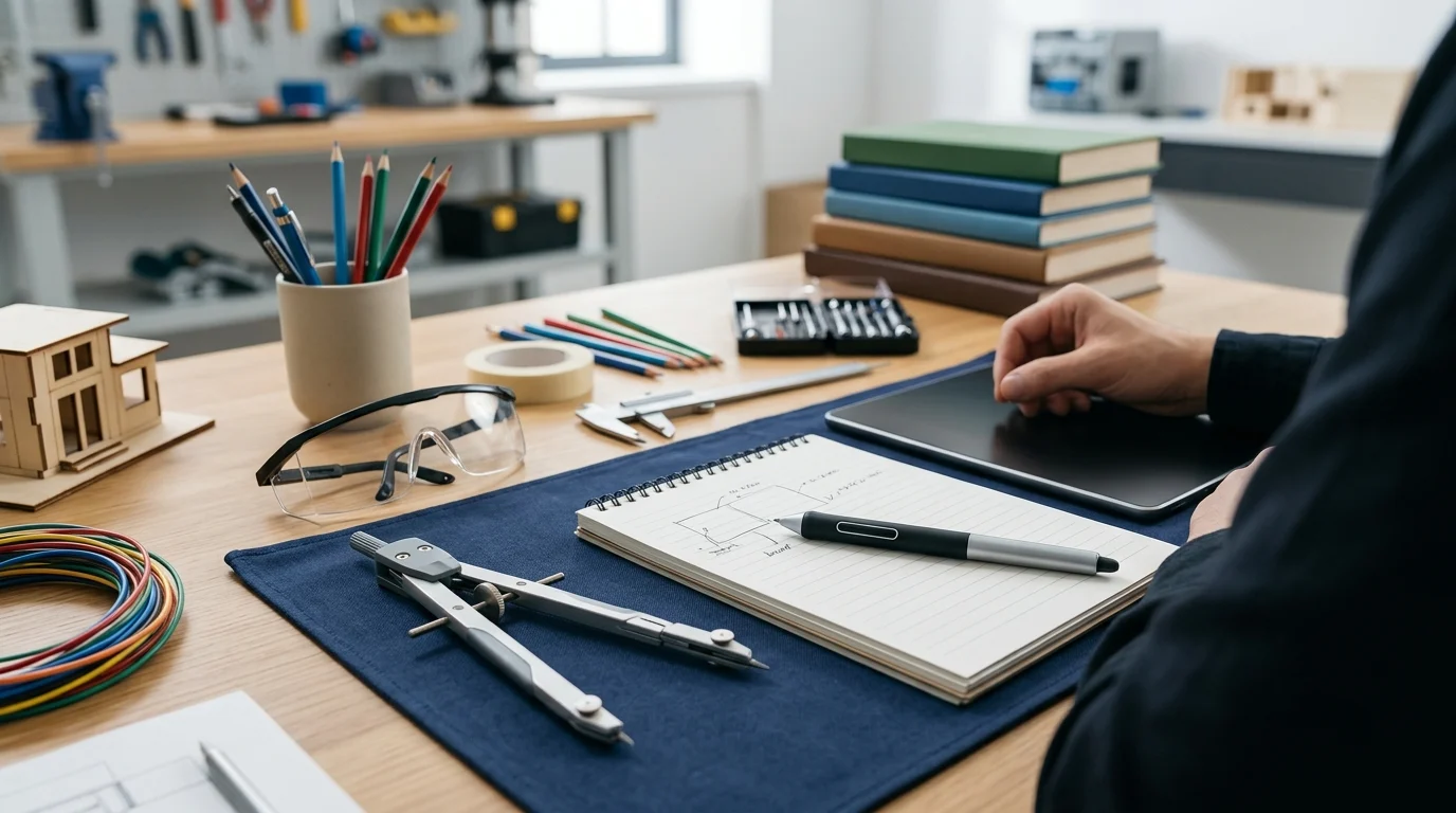 A desk with various vocational learning tools.