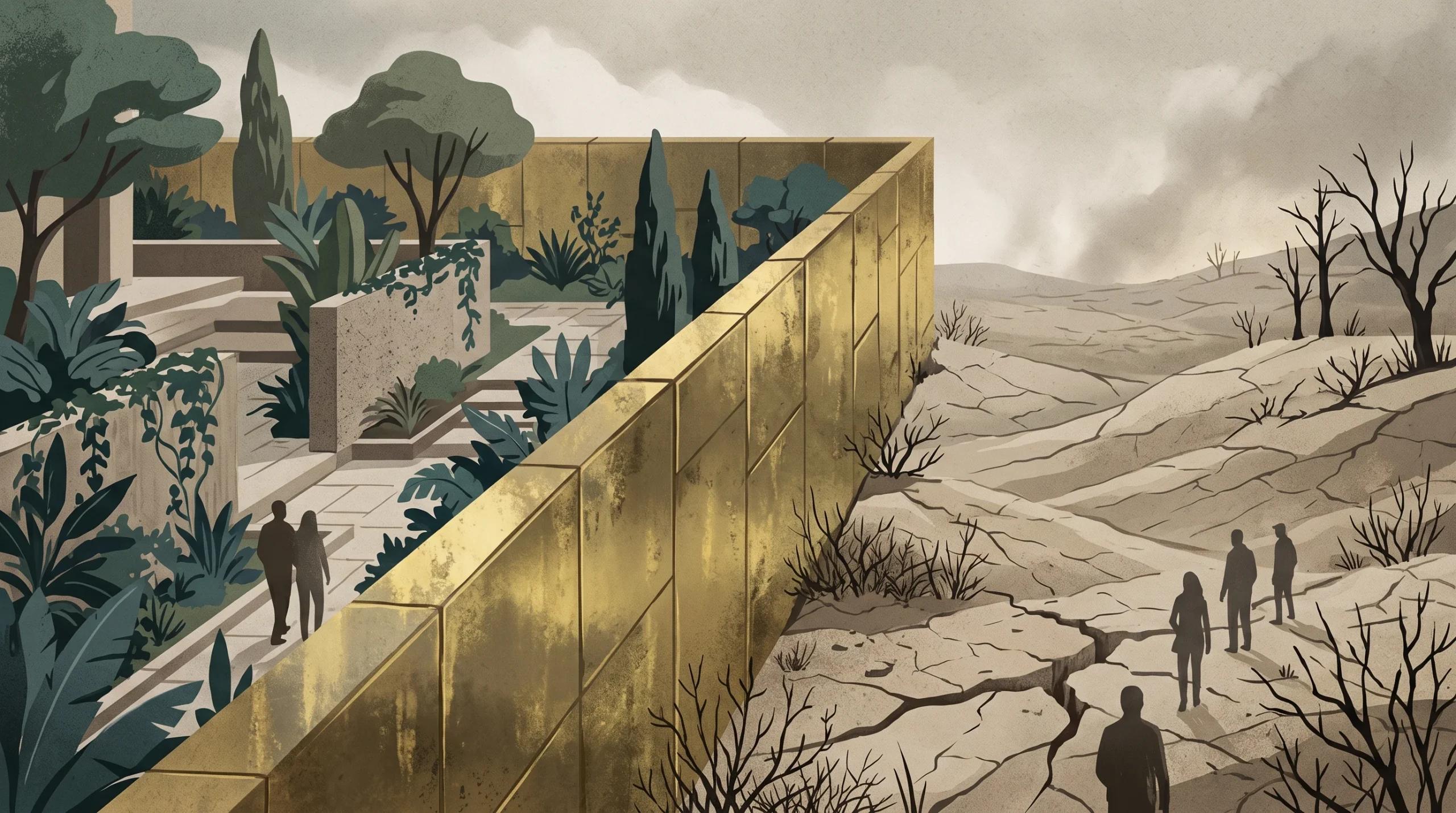 A conceptual illustration showing a divide between wealth and environmental crisis.