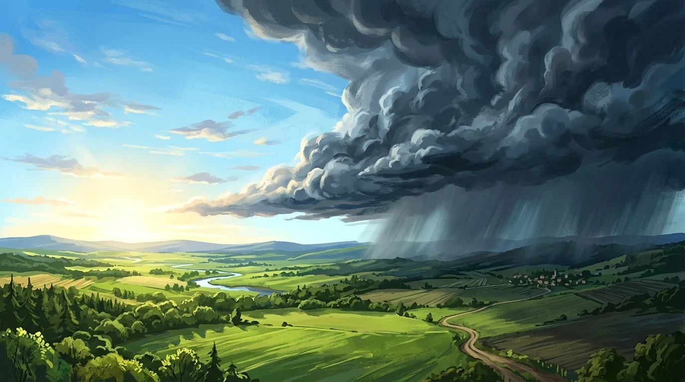 Dark rain clouds approaching a sunny landscape.