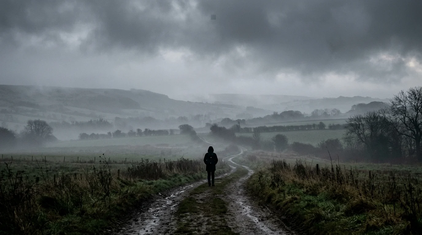 A silhouette of a figure in a misty English rural setting.
