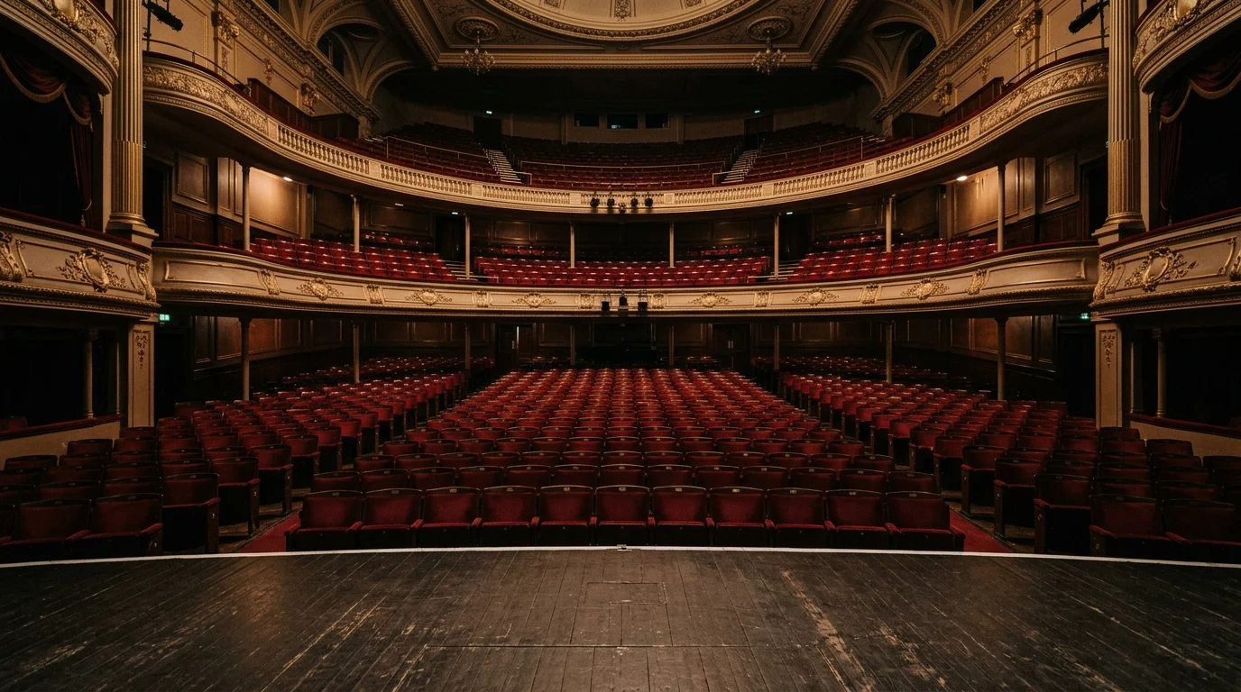 An empty London theatre auditorium with red velvet seats.