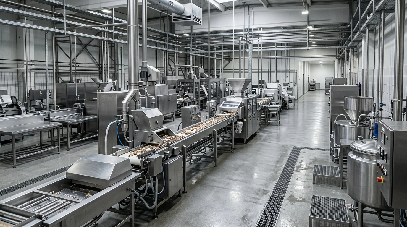A professional food production facility with stainless steel equipment.