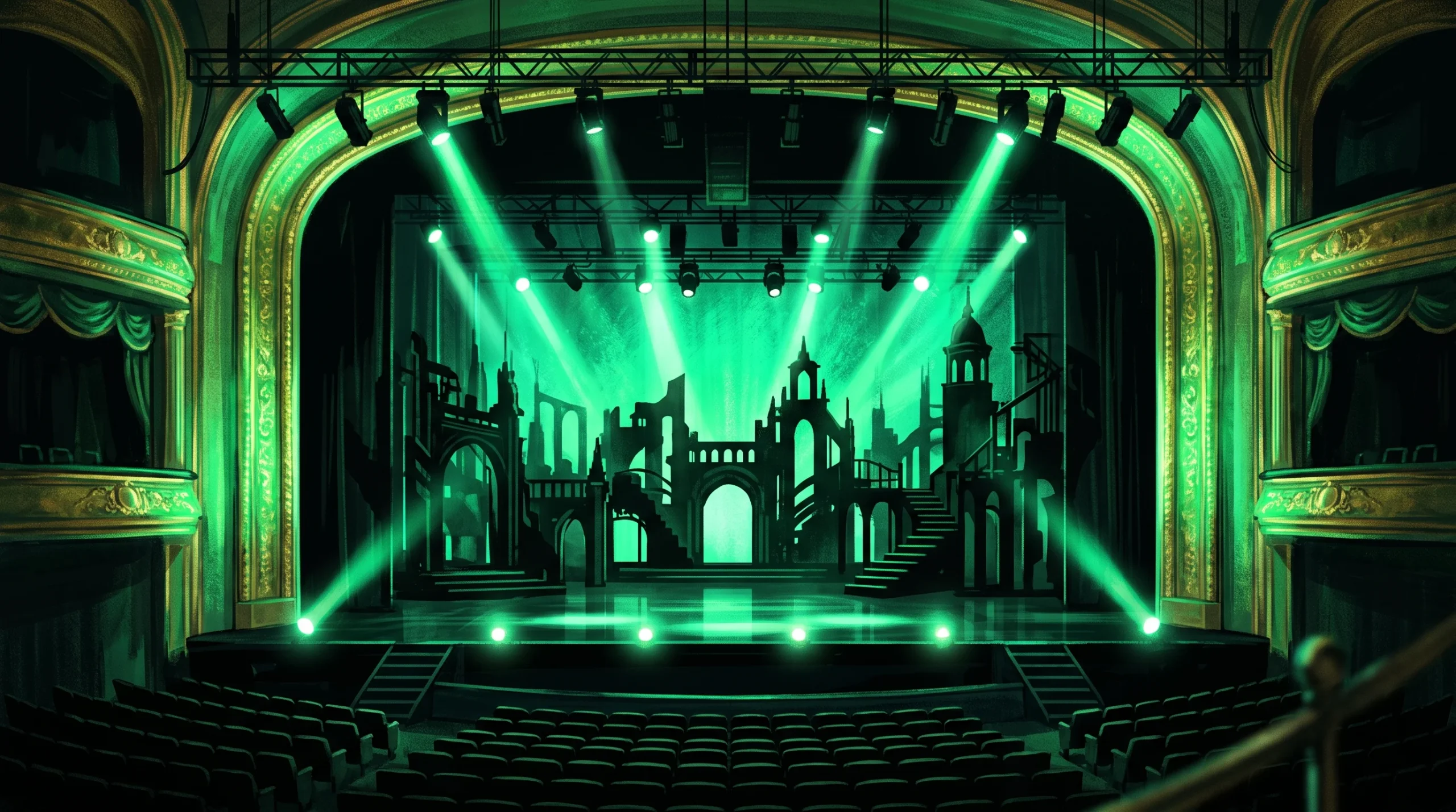 Conceptual illustration of an emerald green theatrical stage set with spotlights.