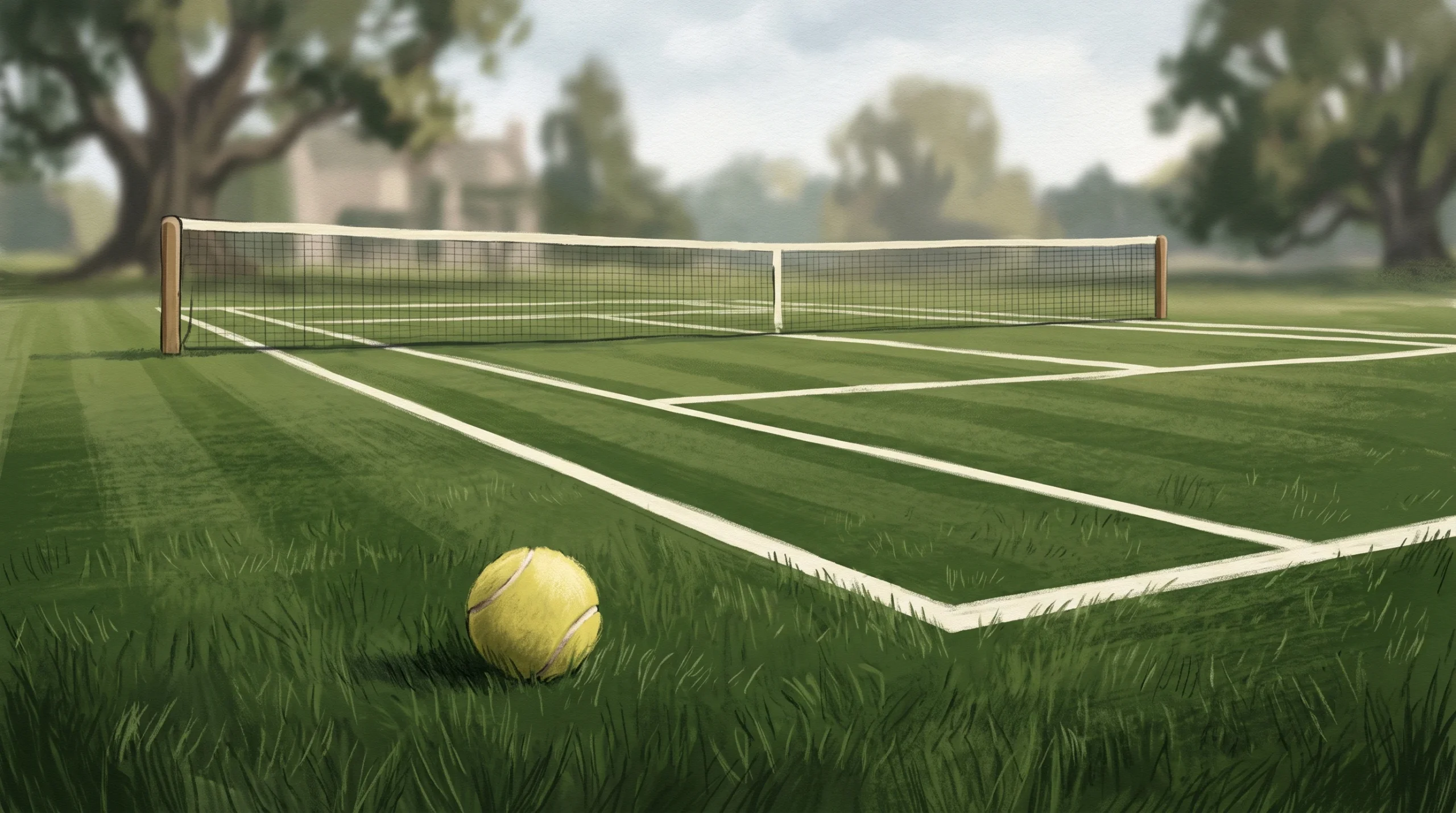A close-up conceptual view of a grass tennis court and a tennis ball.