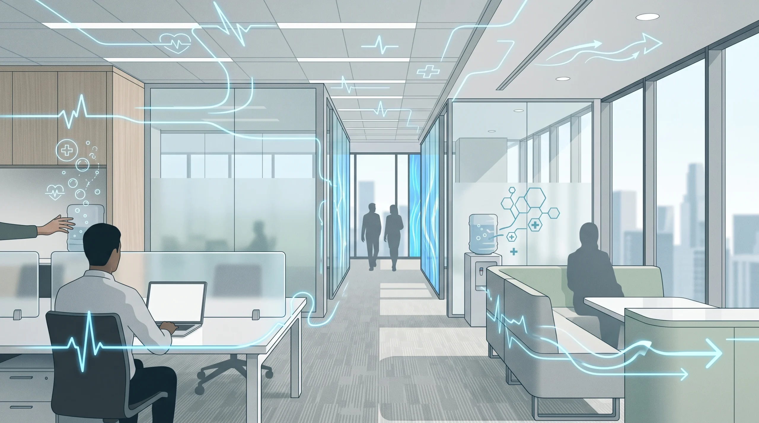 A conceptual illustration representing health and wellbeing integrated into a professional office environment.
