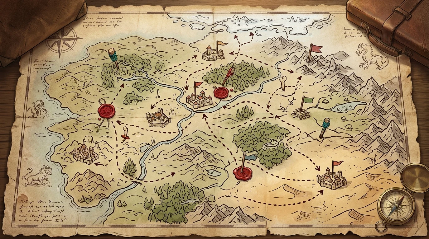 A conceptual map of a fantasy world with various territories marked.
