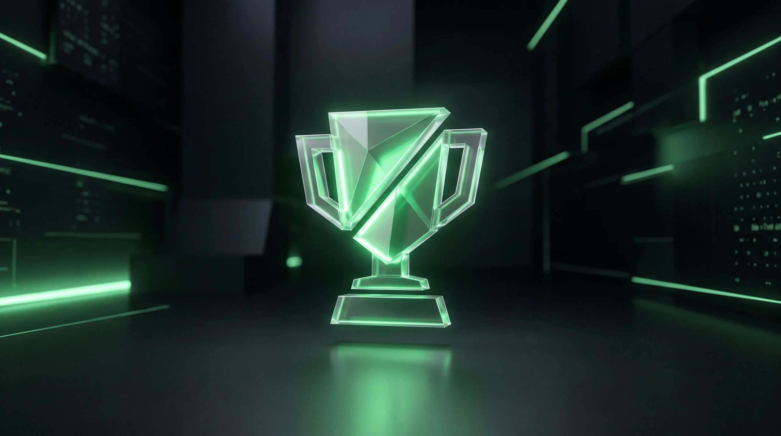 A conceptual digital trophy icon glowing in green against a dark background.