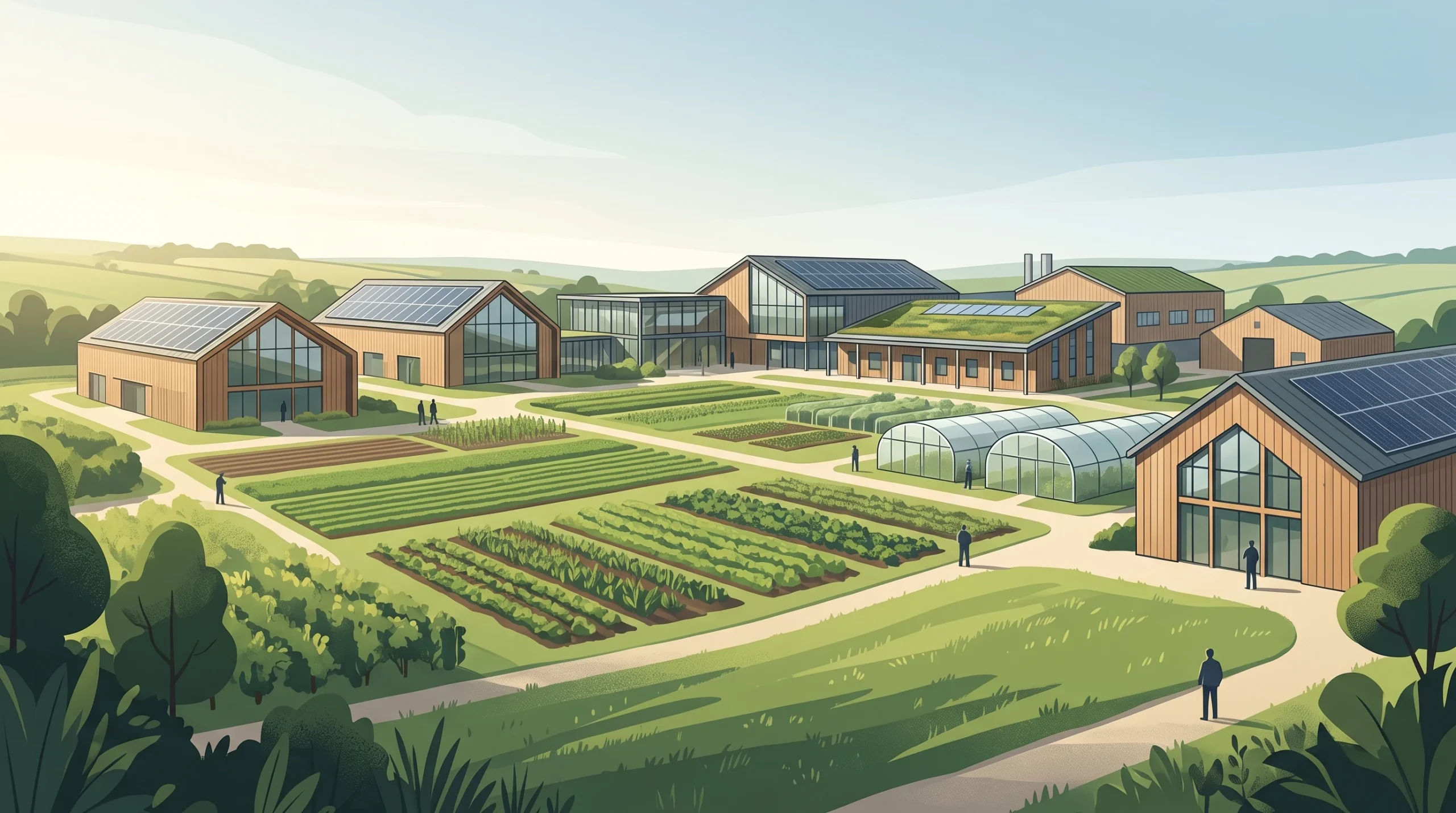 A conceptual illustration of a rural college campus with farm buildings and green fields.