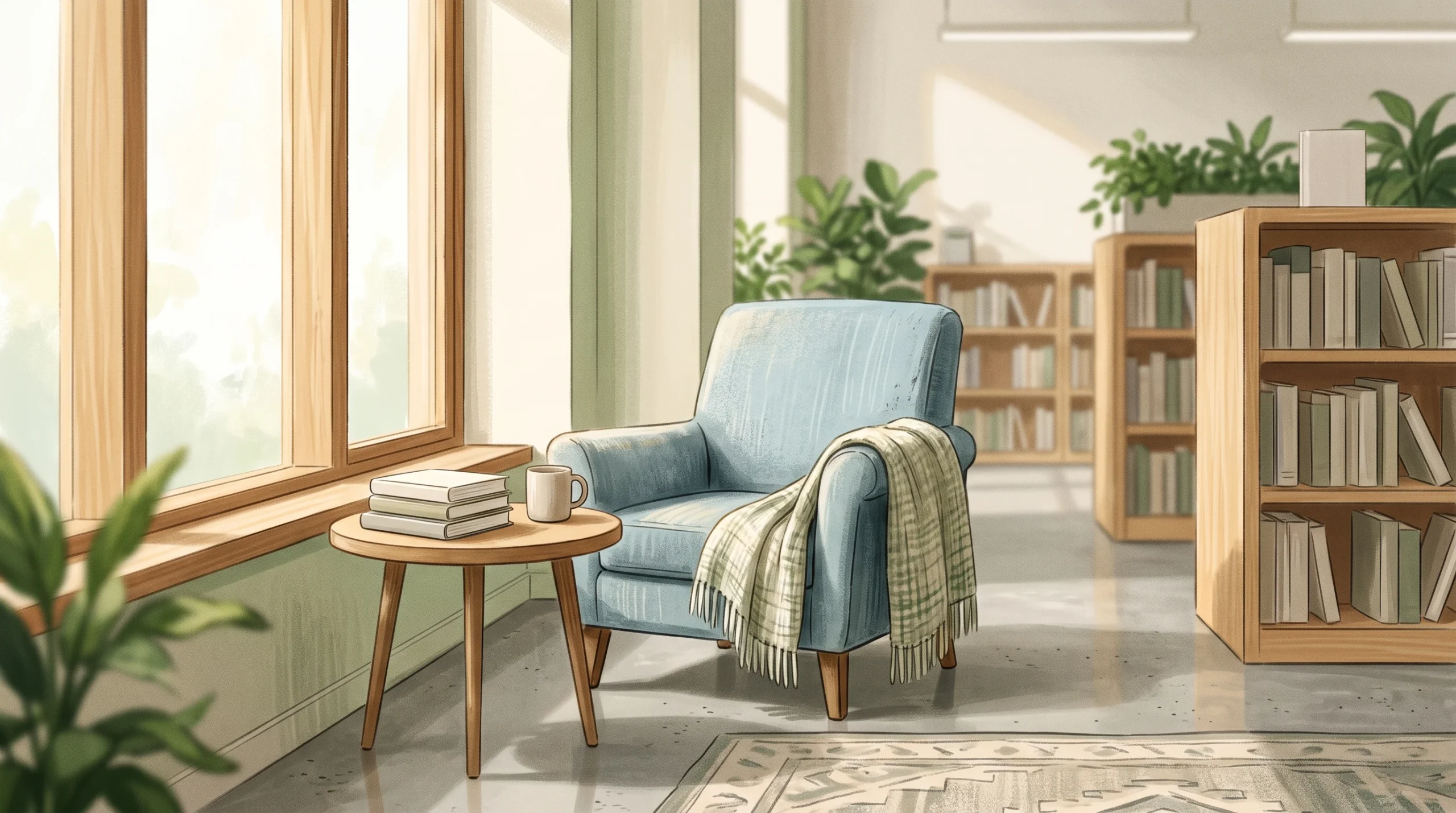 A minimalist and calming conceptual illustration of a safe indoor space.