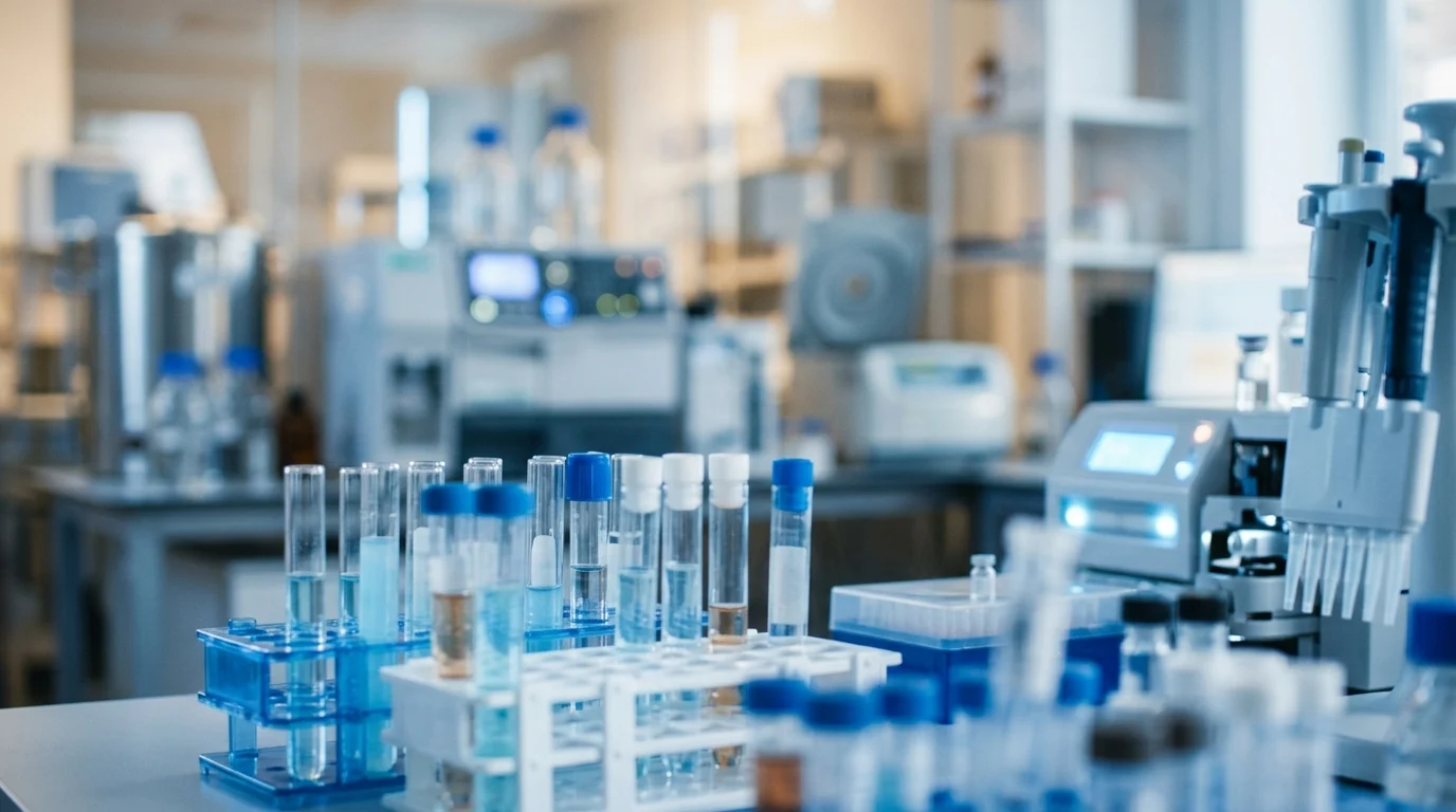 A blurred conceptual view of a clinical laboratory setting.