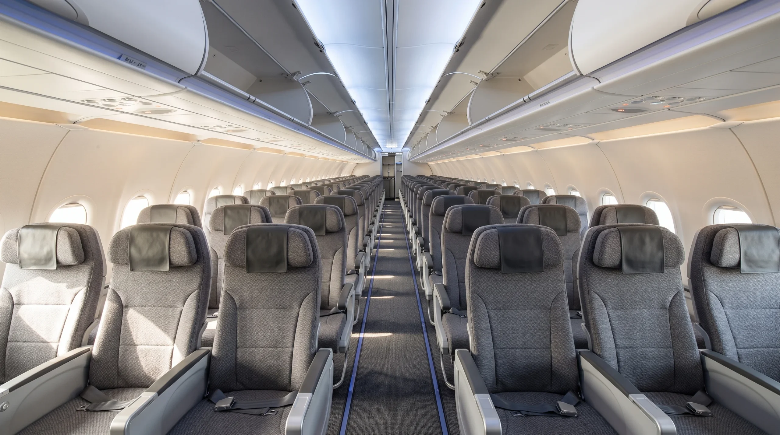 A view of empty airplane seats inside a modern commercial cabin.