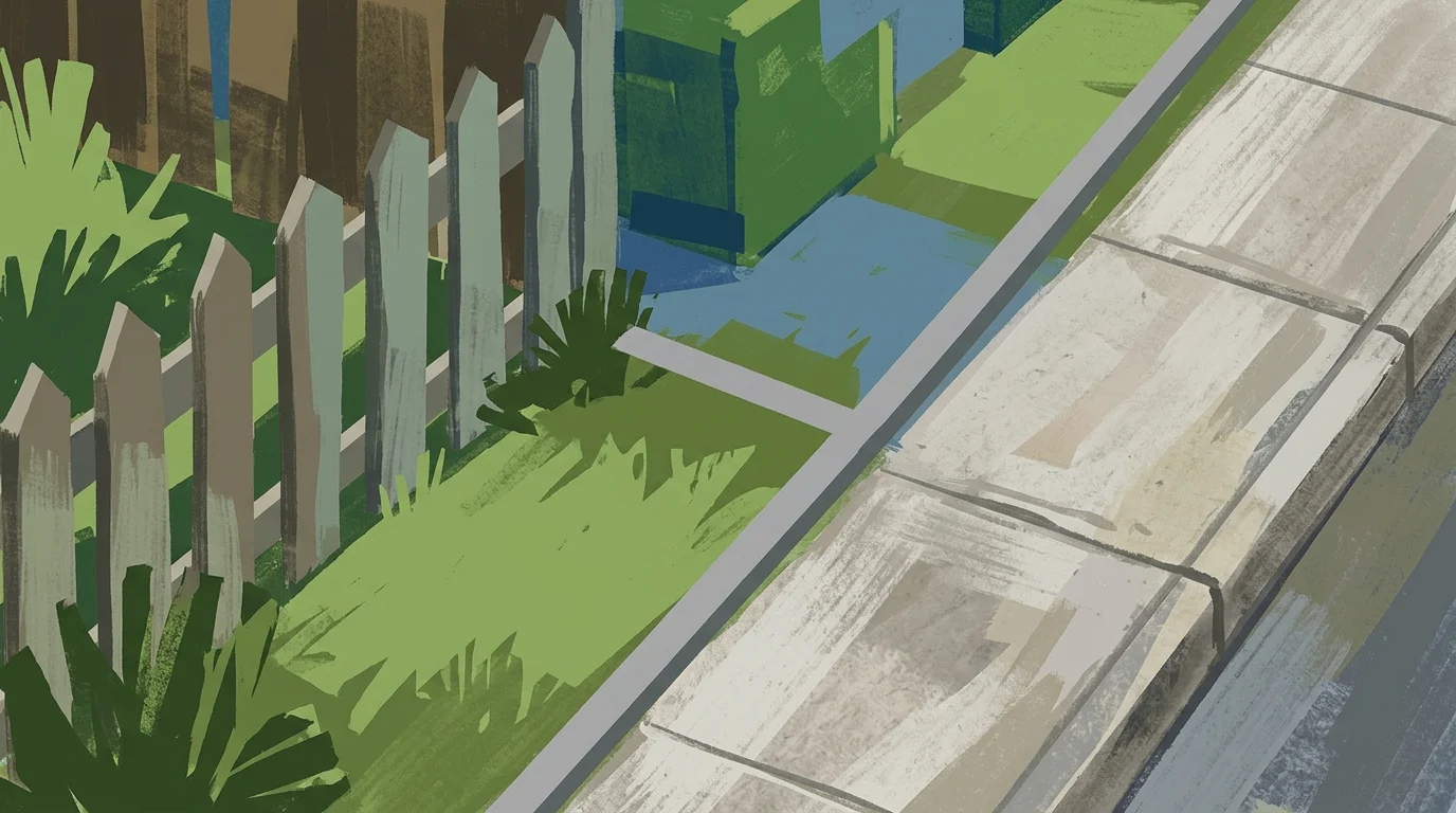 A neutral illustration of a garden fence next to a public pavement and grass verge.