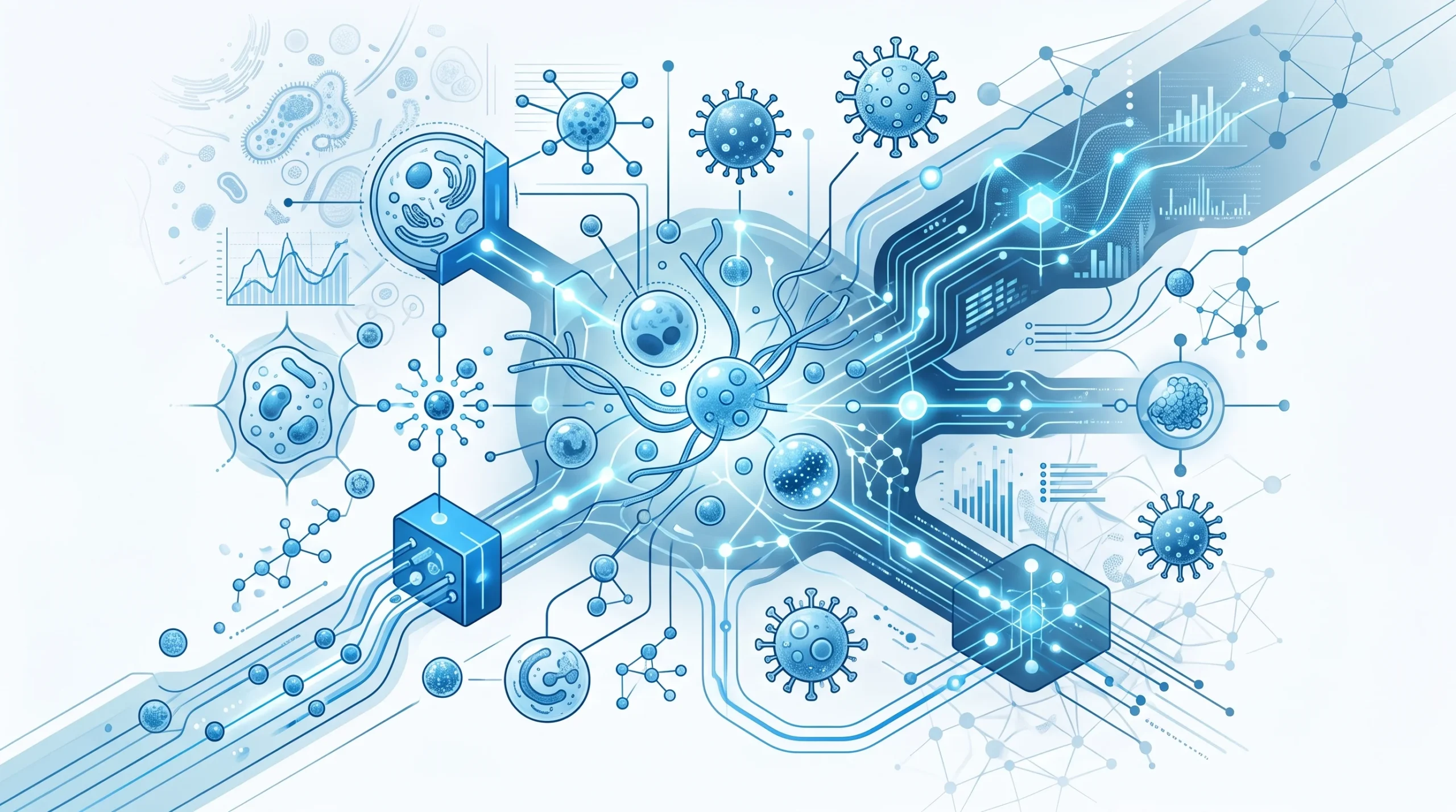 Conceptual illustration of microscopic pathogen structures and surveillance data.