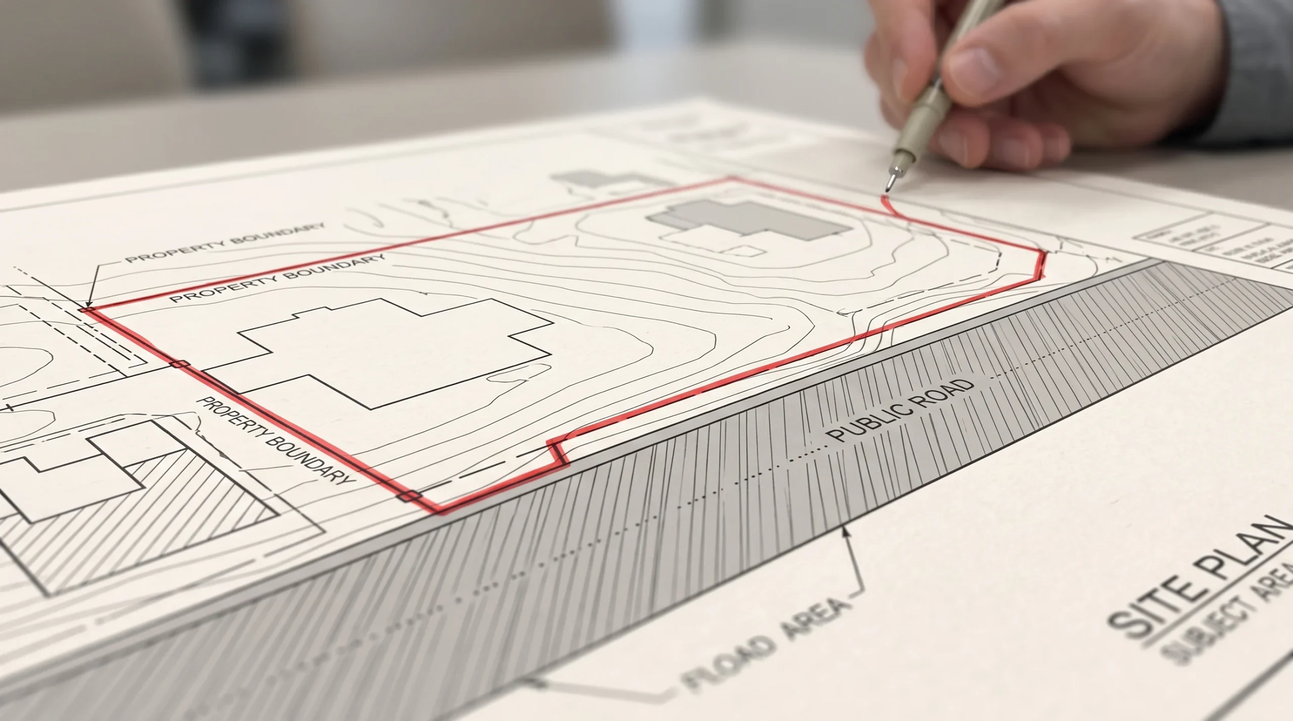 A conceptual illustration of a property boundary map showing the red line near a road.