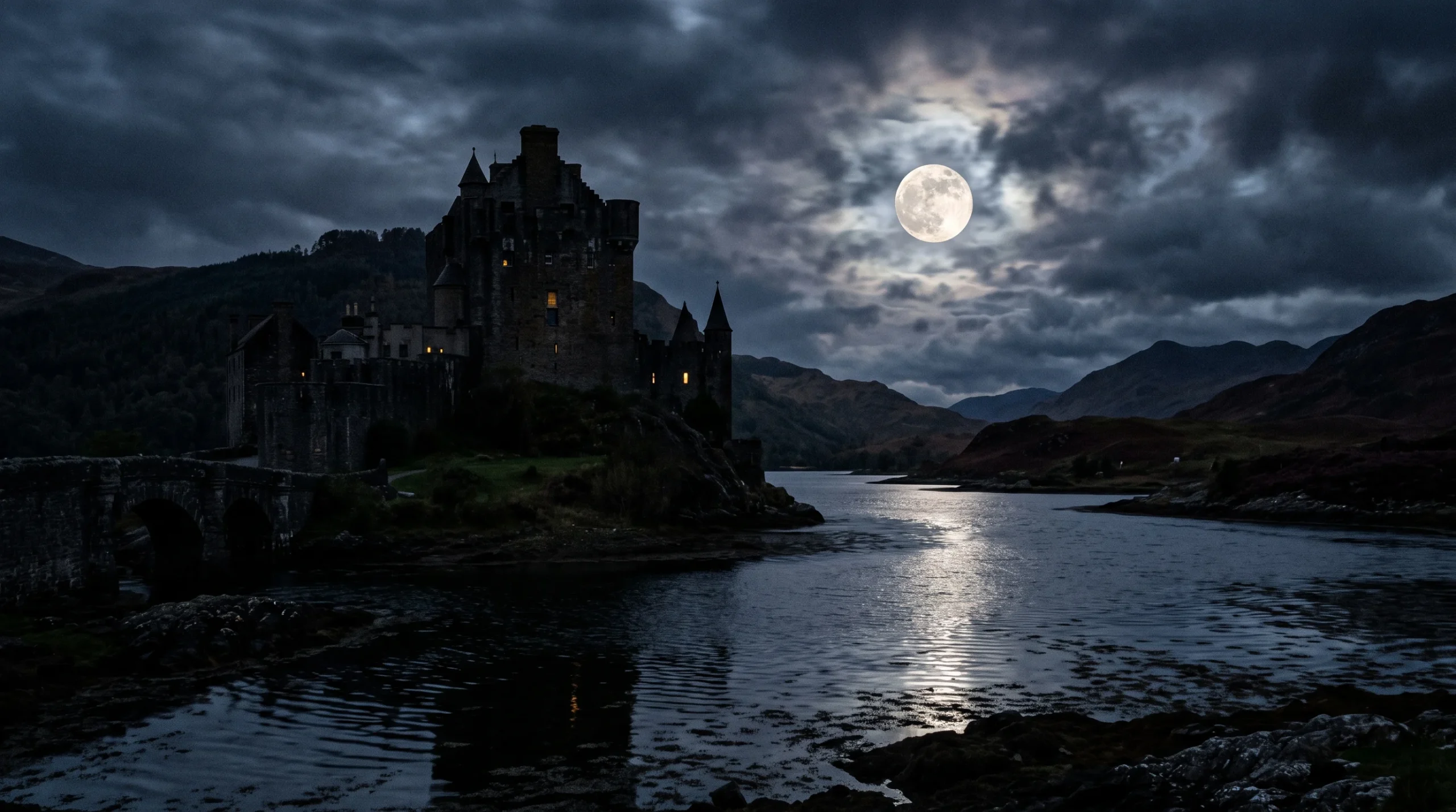 A silhouette of a castle in the Scottish Highlands at night
