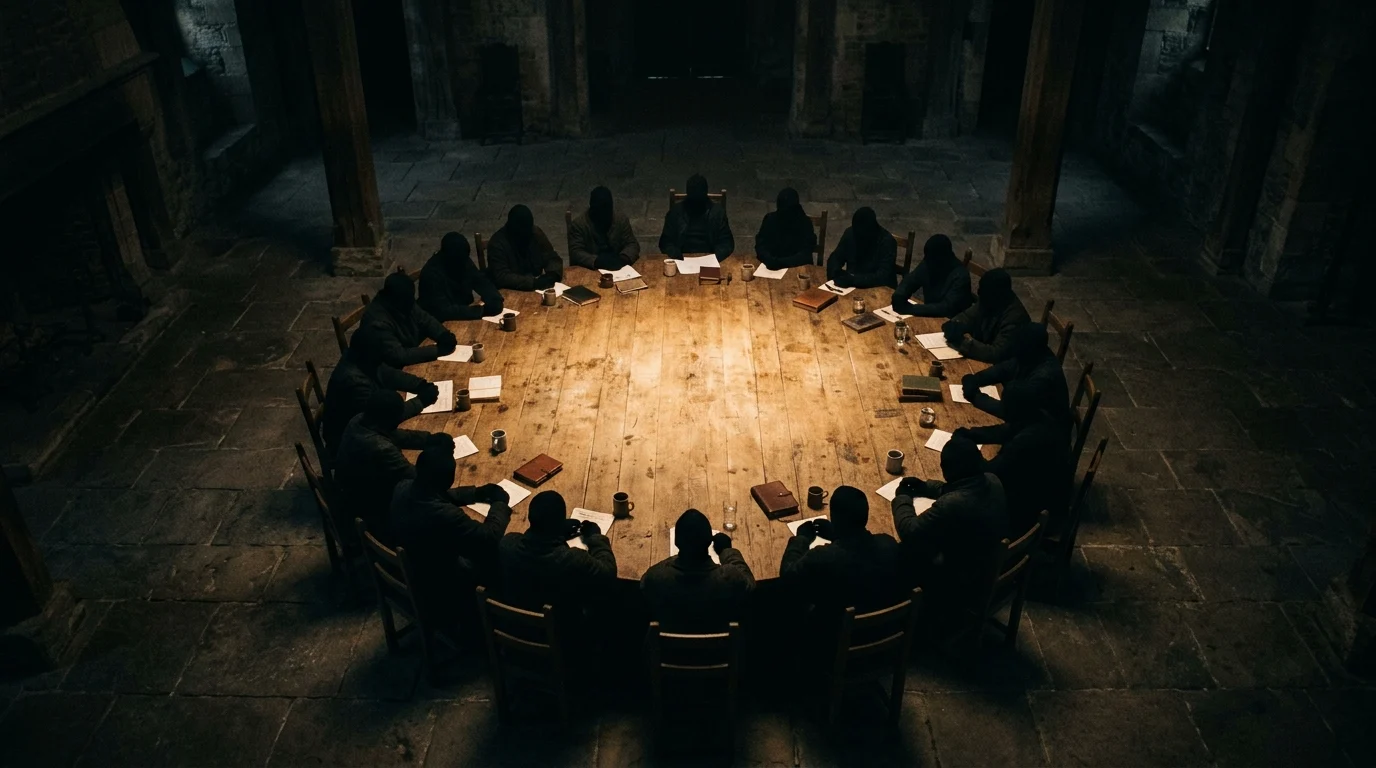 A large round wooden table in a dimly lit room