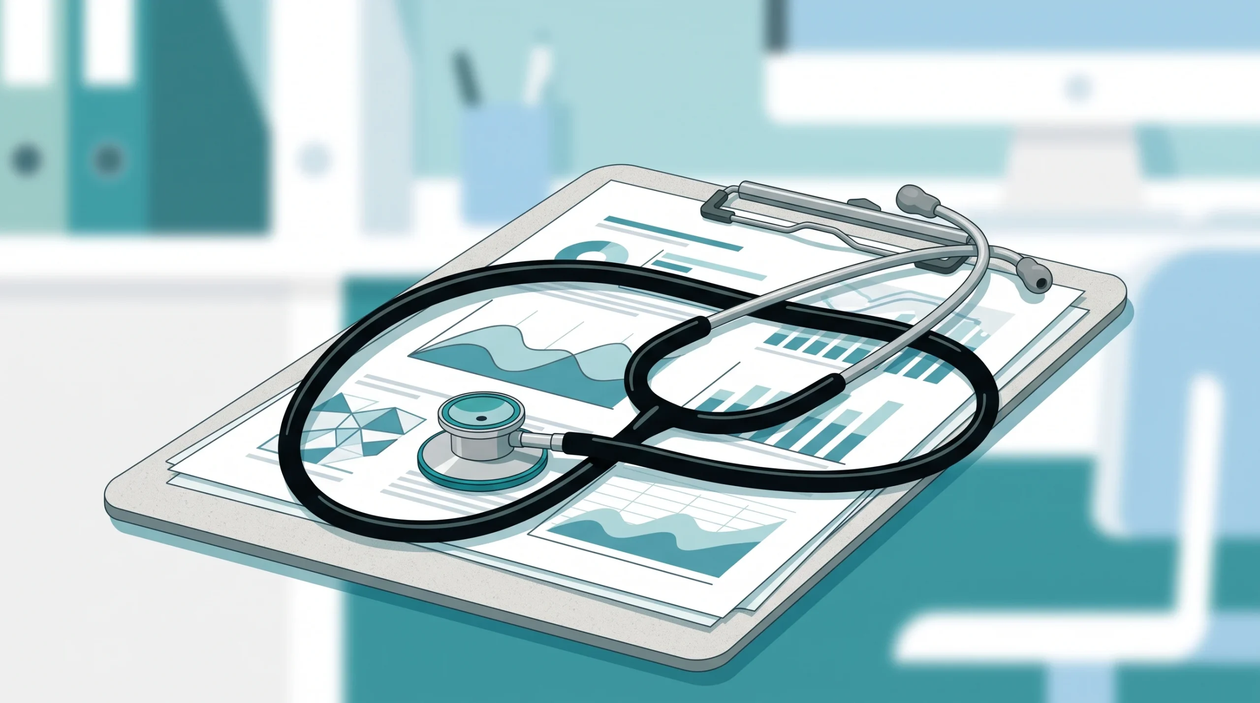 A stethoscope resting on medical documents representing health surveillance.